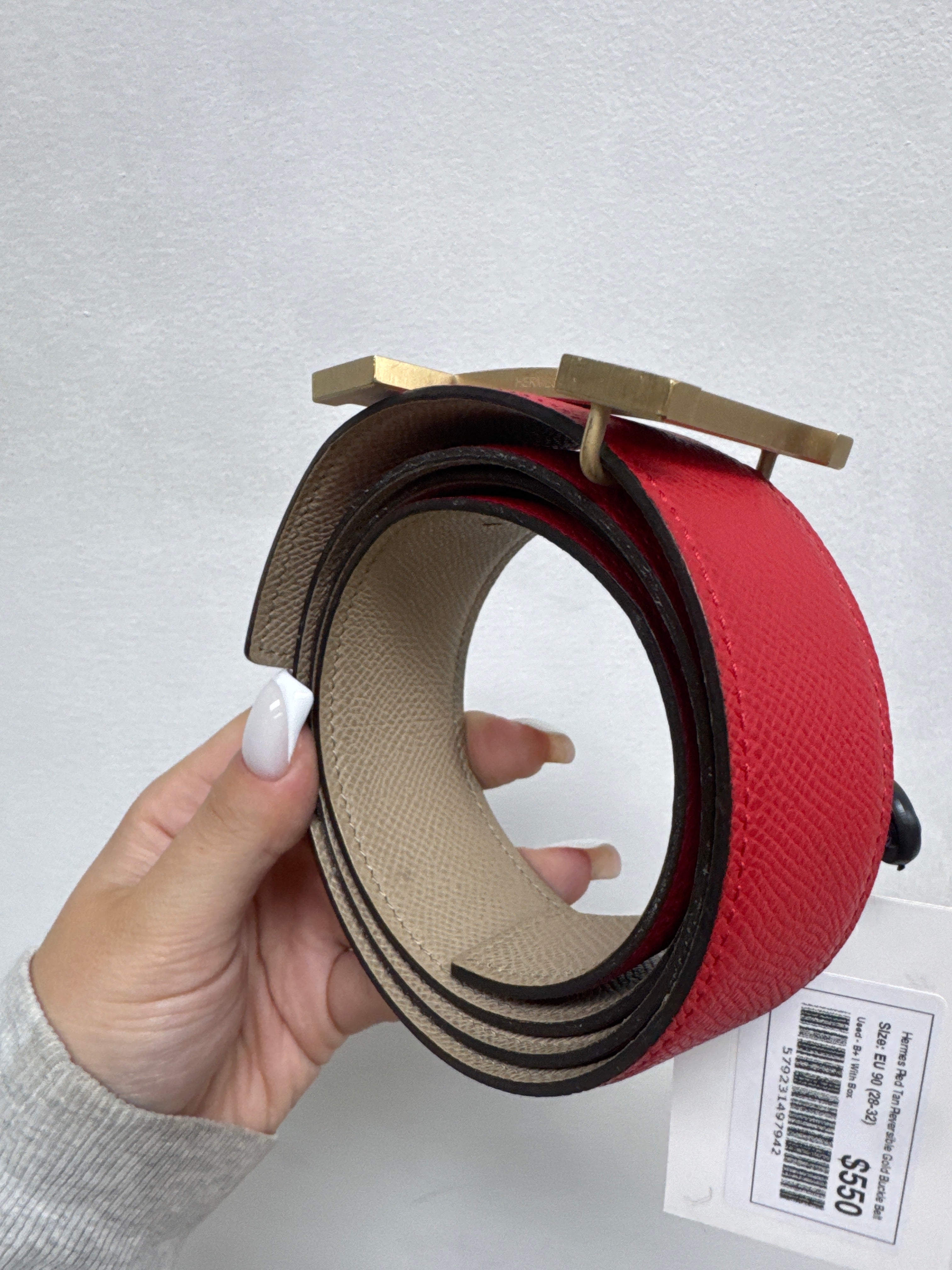 Hermes Red Tan Reversible Gold Buckle Belt