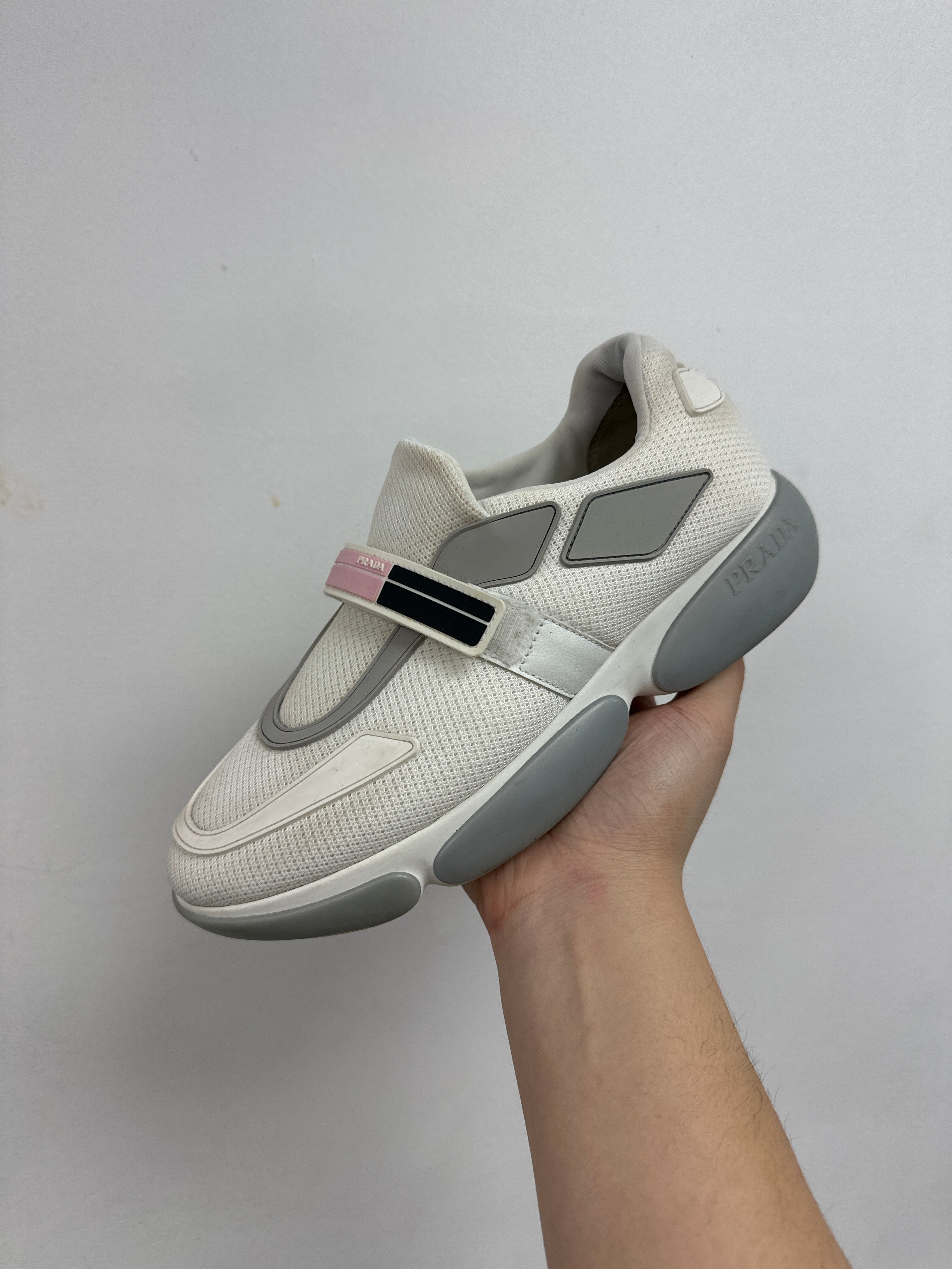Prada White Pink Strap Sneakers  Used With Box