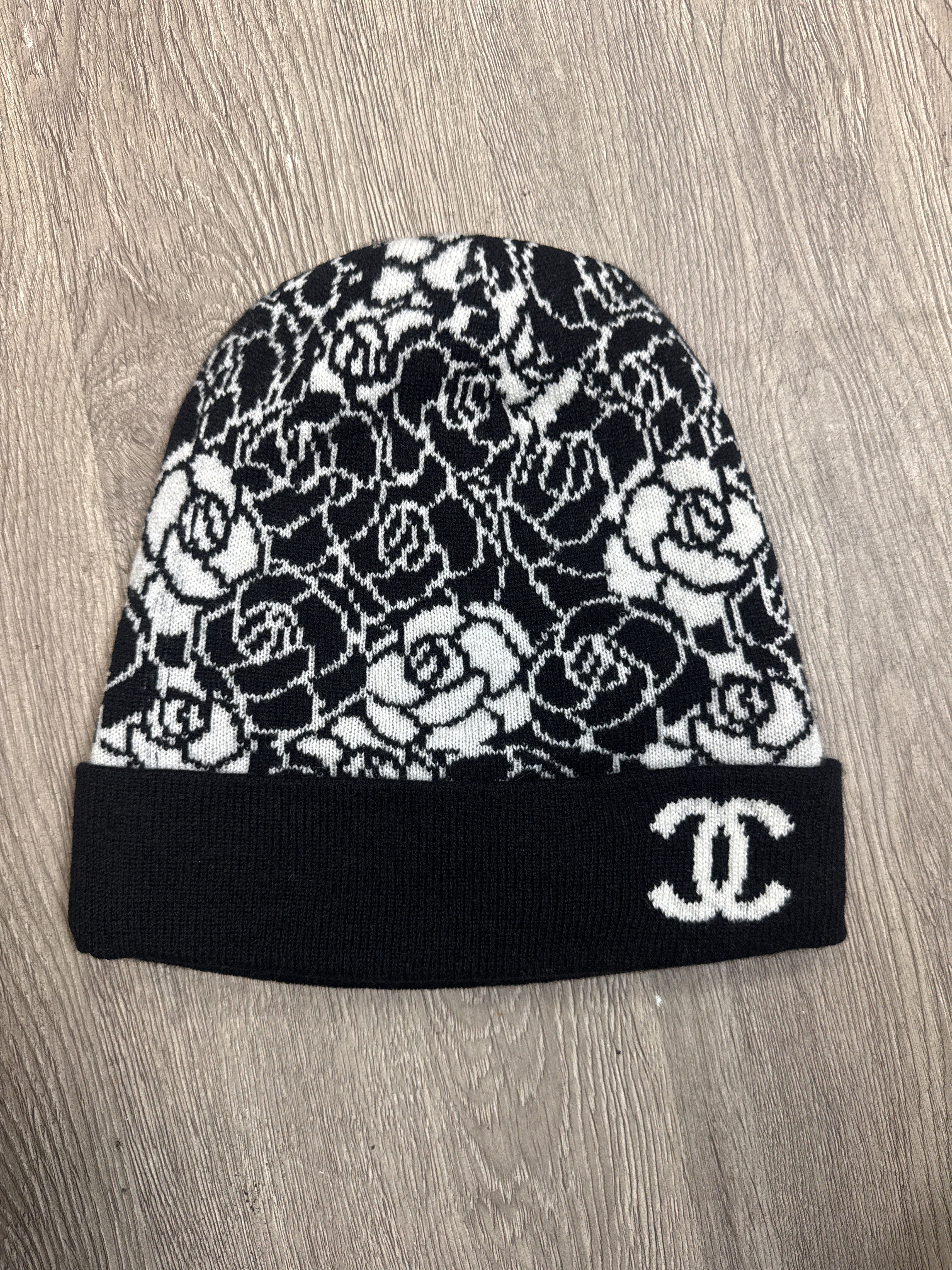 Chanel Black White Floral Beanie