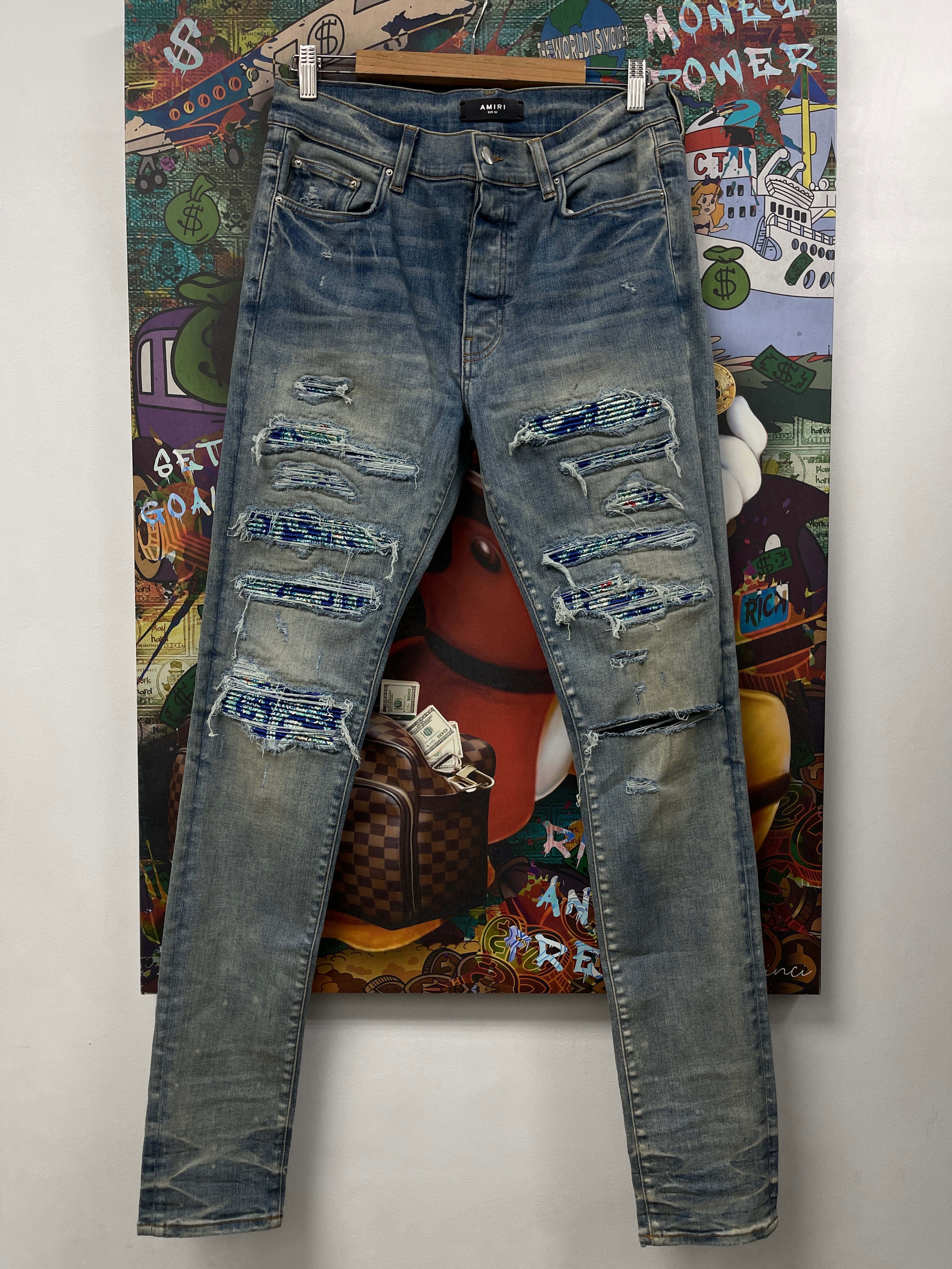 Amiri Light Wash Blue Green Paisley Thrasher Patch Jeans