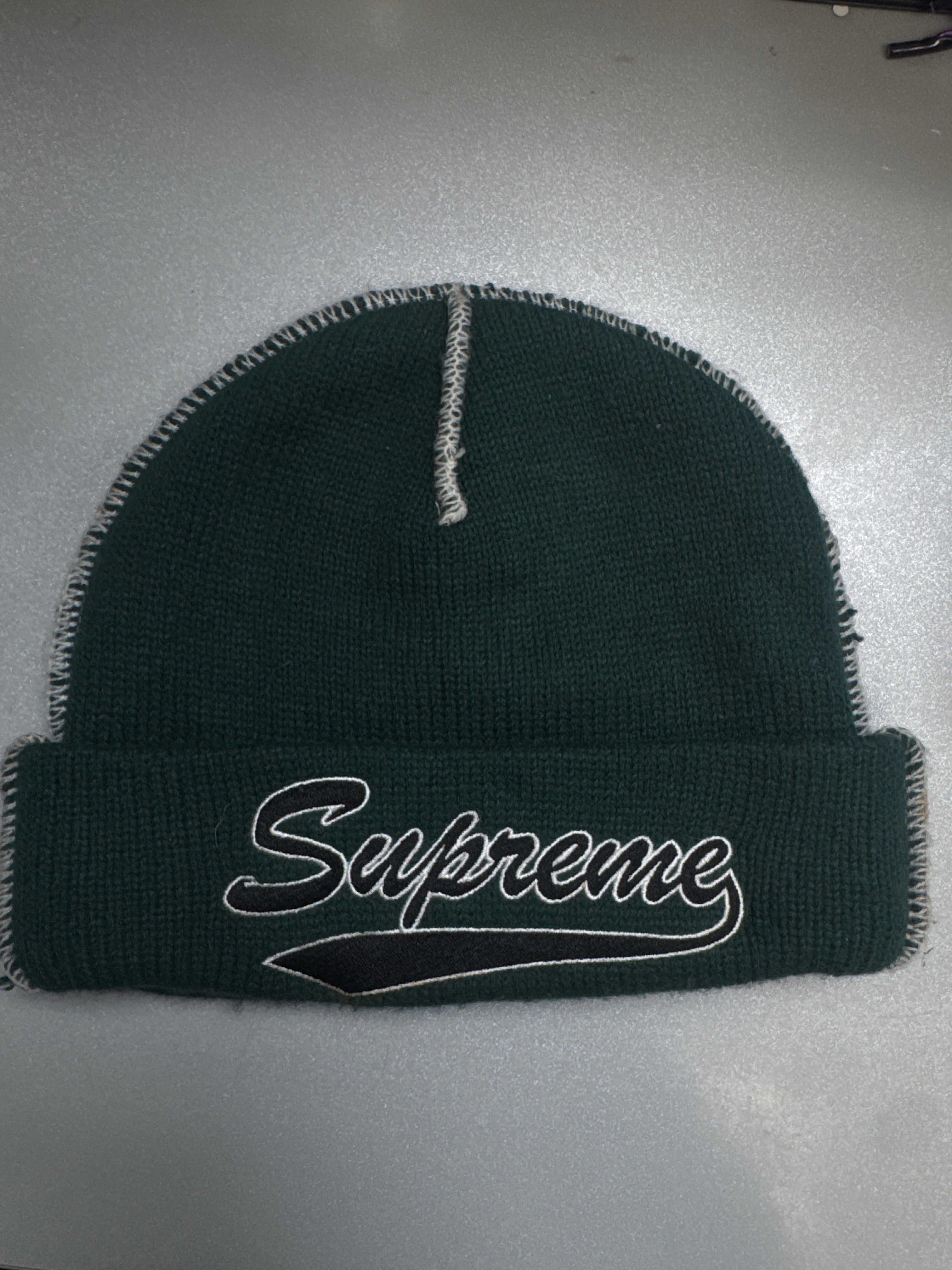 Supreme Green White Script Logo Beanie