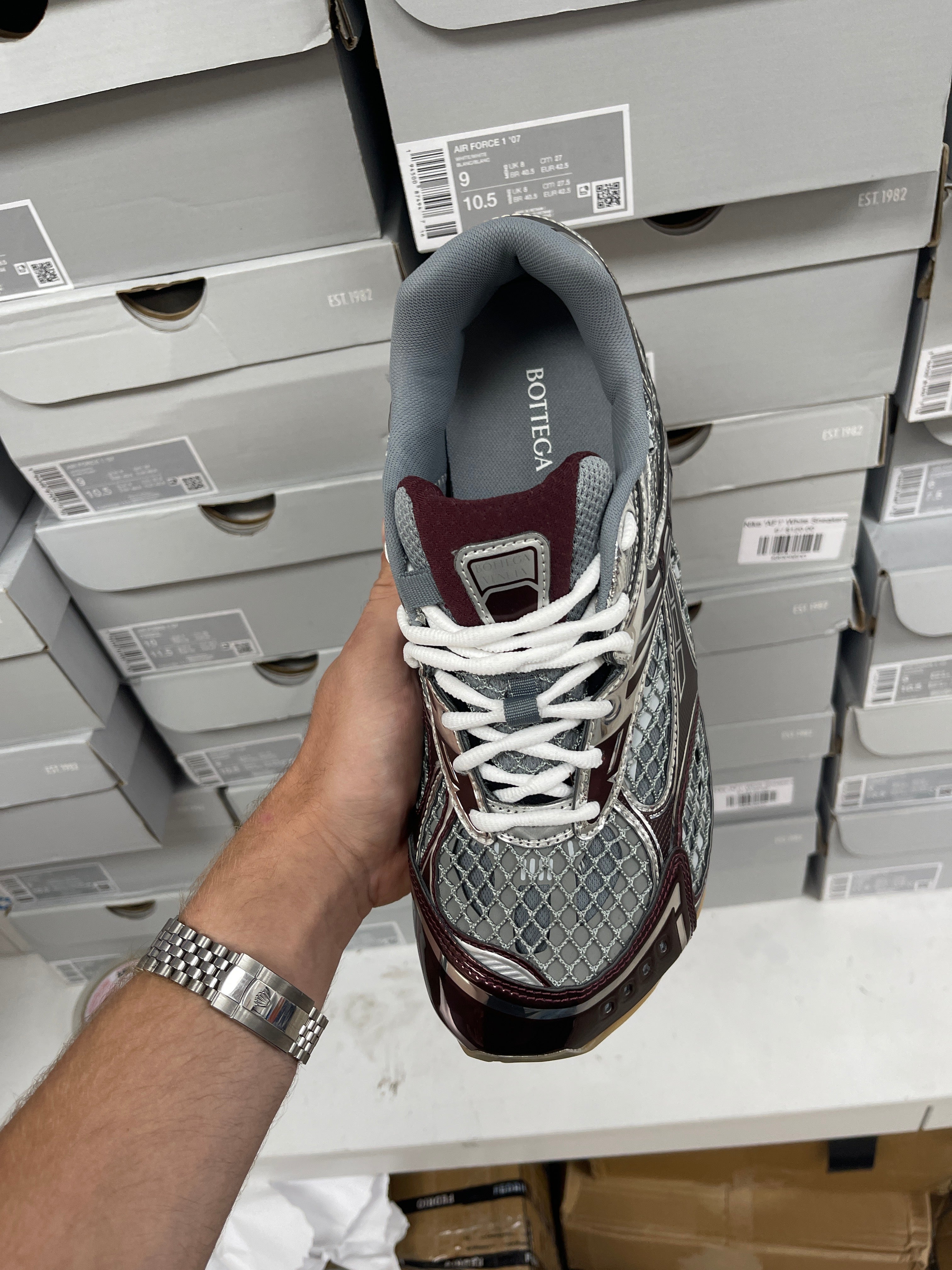 Bottega Veneta Maroon Silver Orbit Sneakers