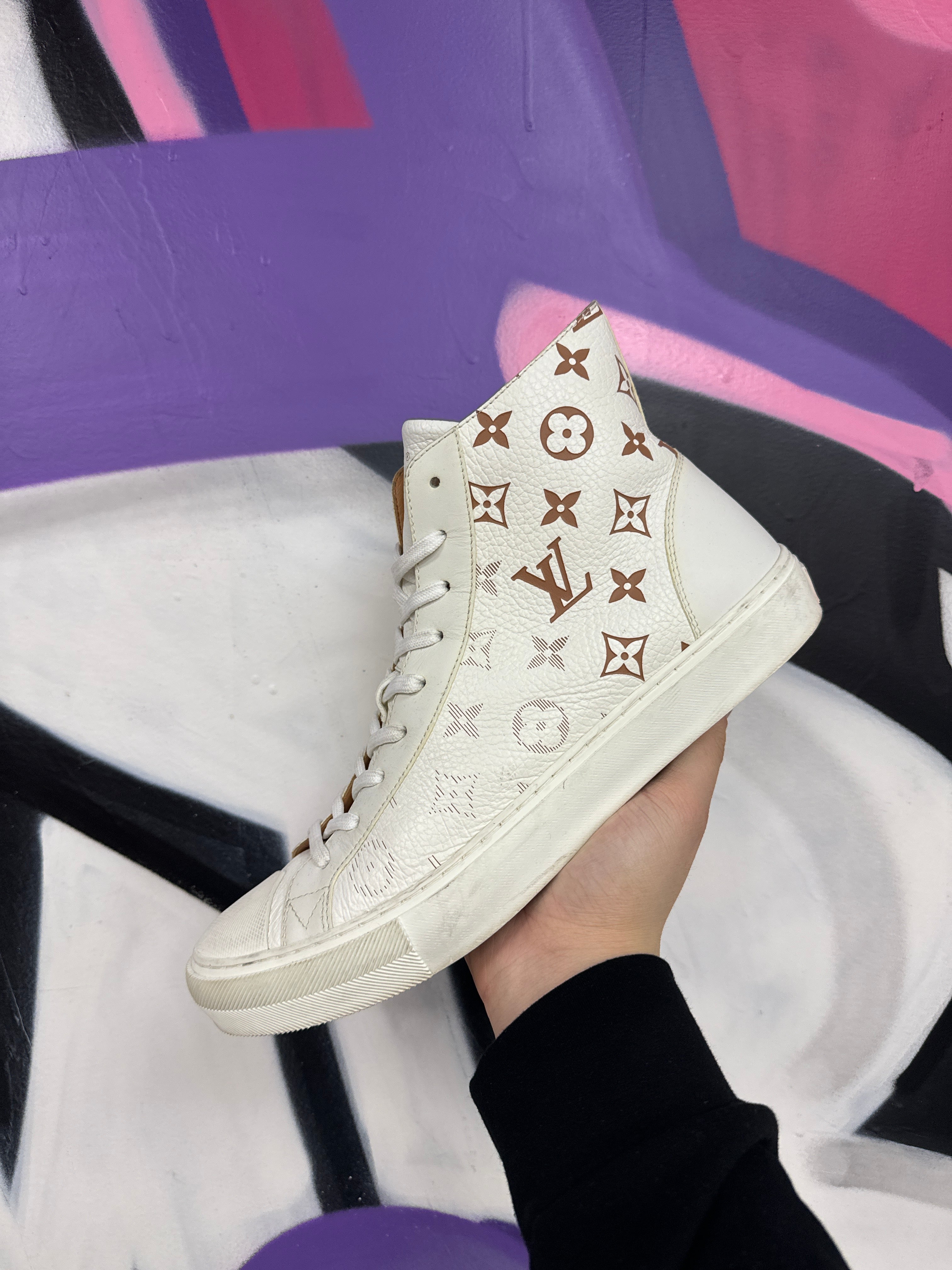 Louis Vuitton White Tan Monogram High Sneakers