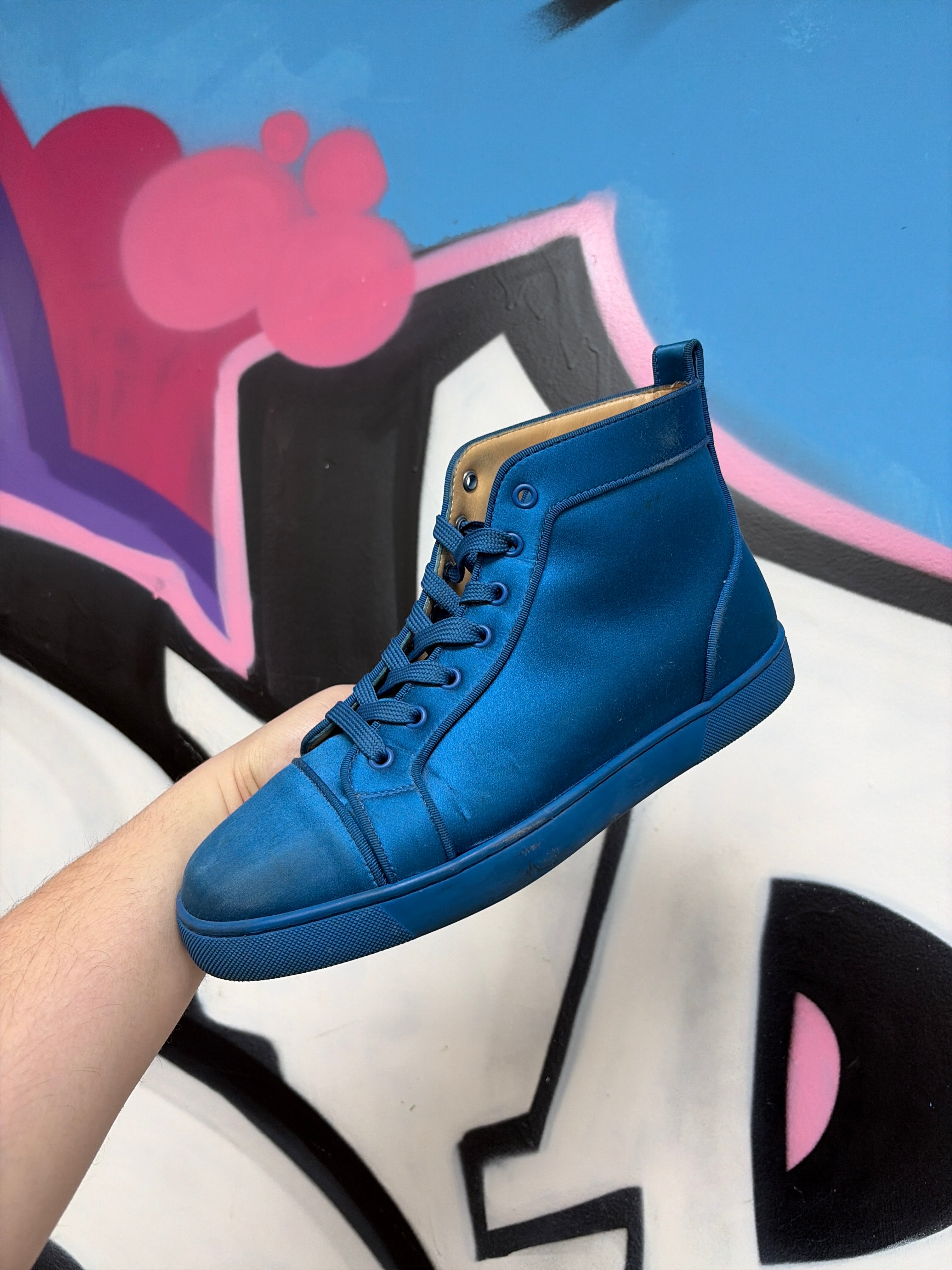 Christian Louboutin Blue Satin Red Bottom High Sneakers