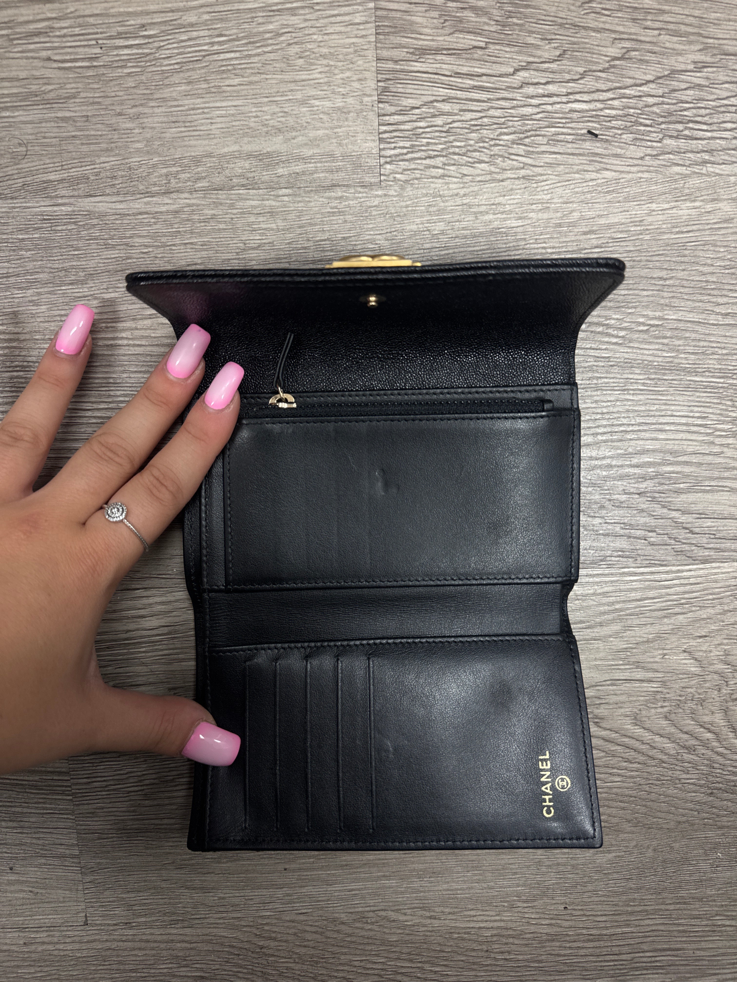 Chanel Quilted Caviar Boy Flap Wallet Black Lightly Worn Medium N/A