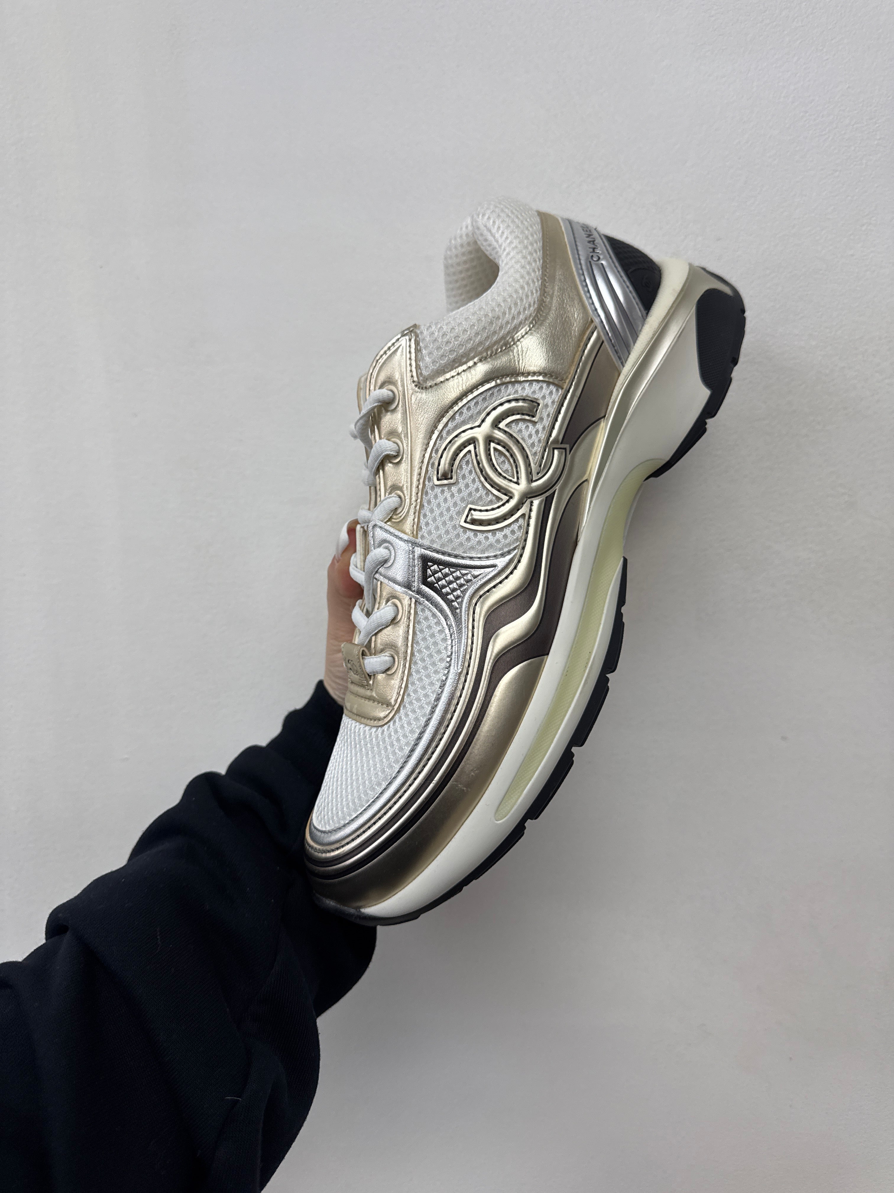 Chanel CC Runner White Gold Silver Sneakers