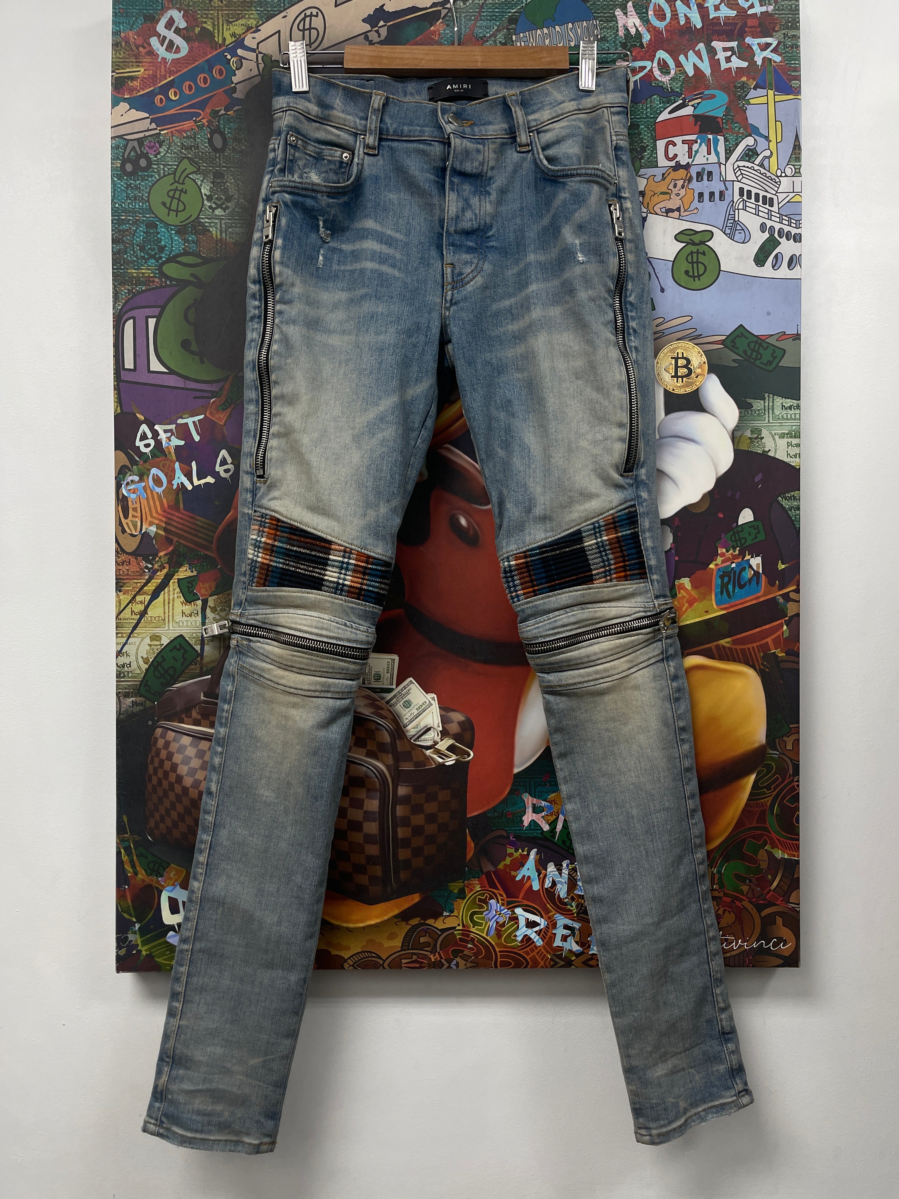 Amiri MX2 Light Wash Orange Blue Plaid Patch Jeans