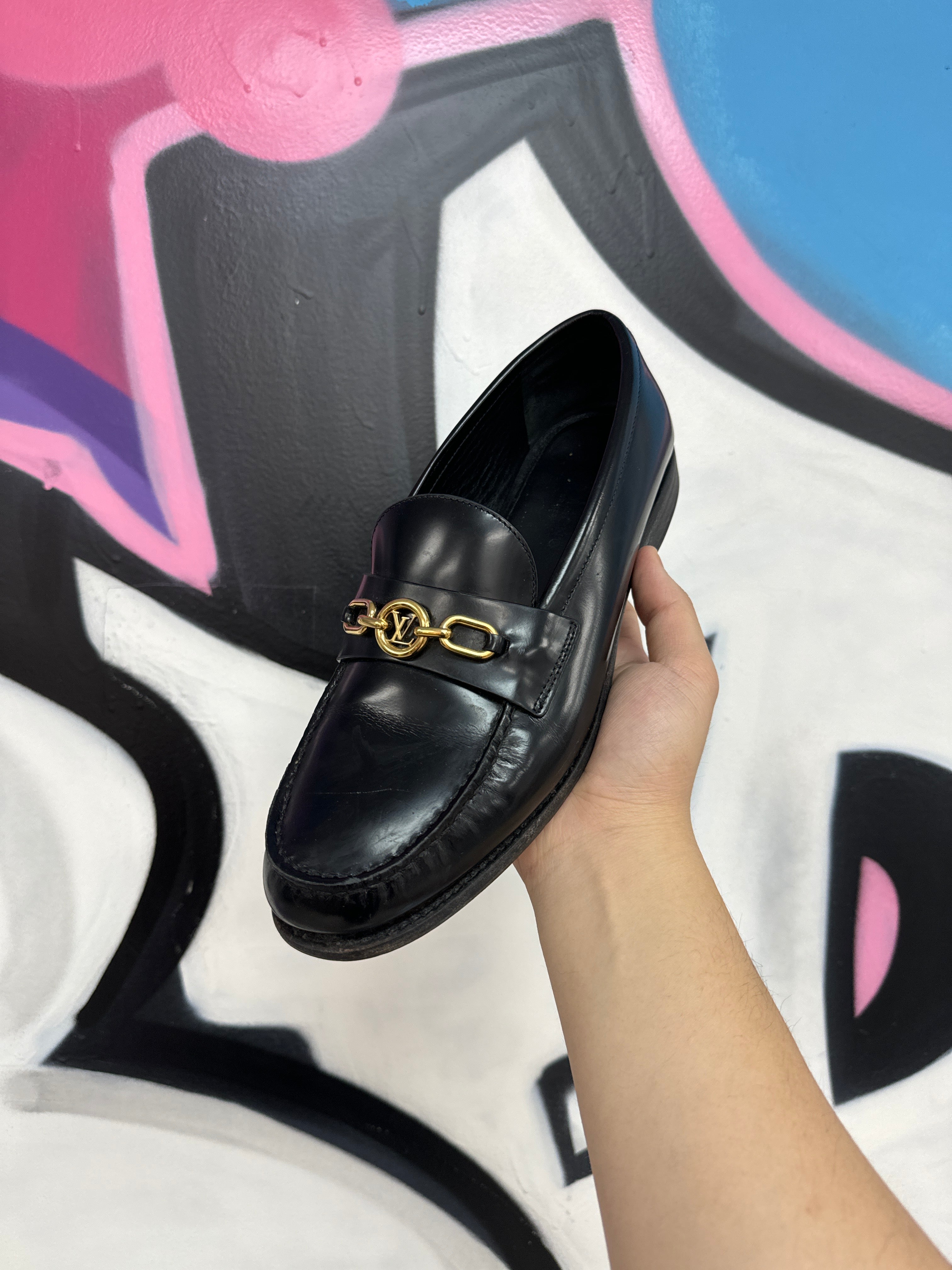 Louis Vuitton Black Gold Chain Loafer Shoe