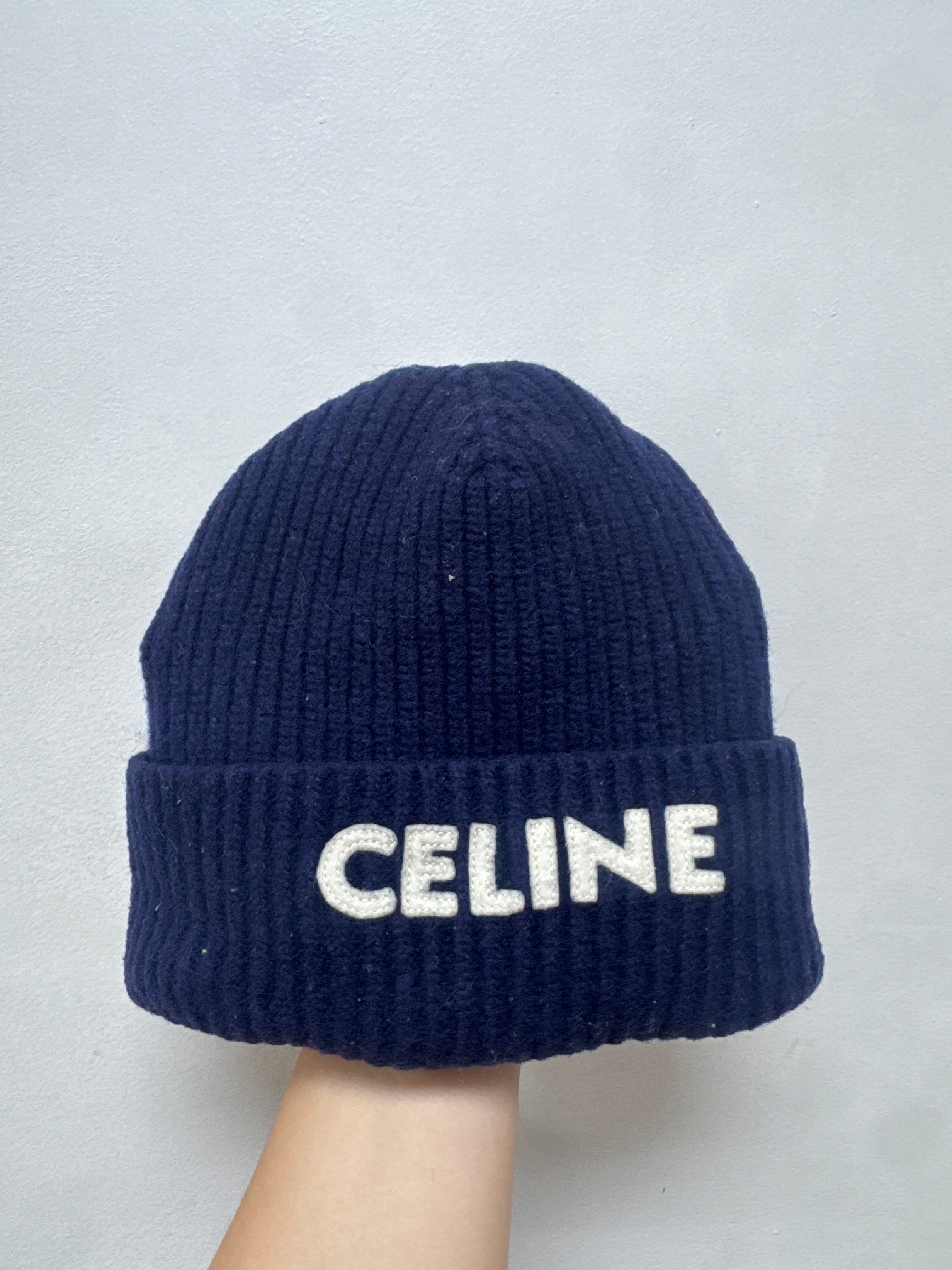 Celine Navy Cream Logo Beanie