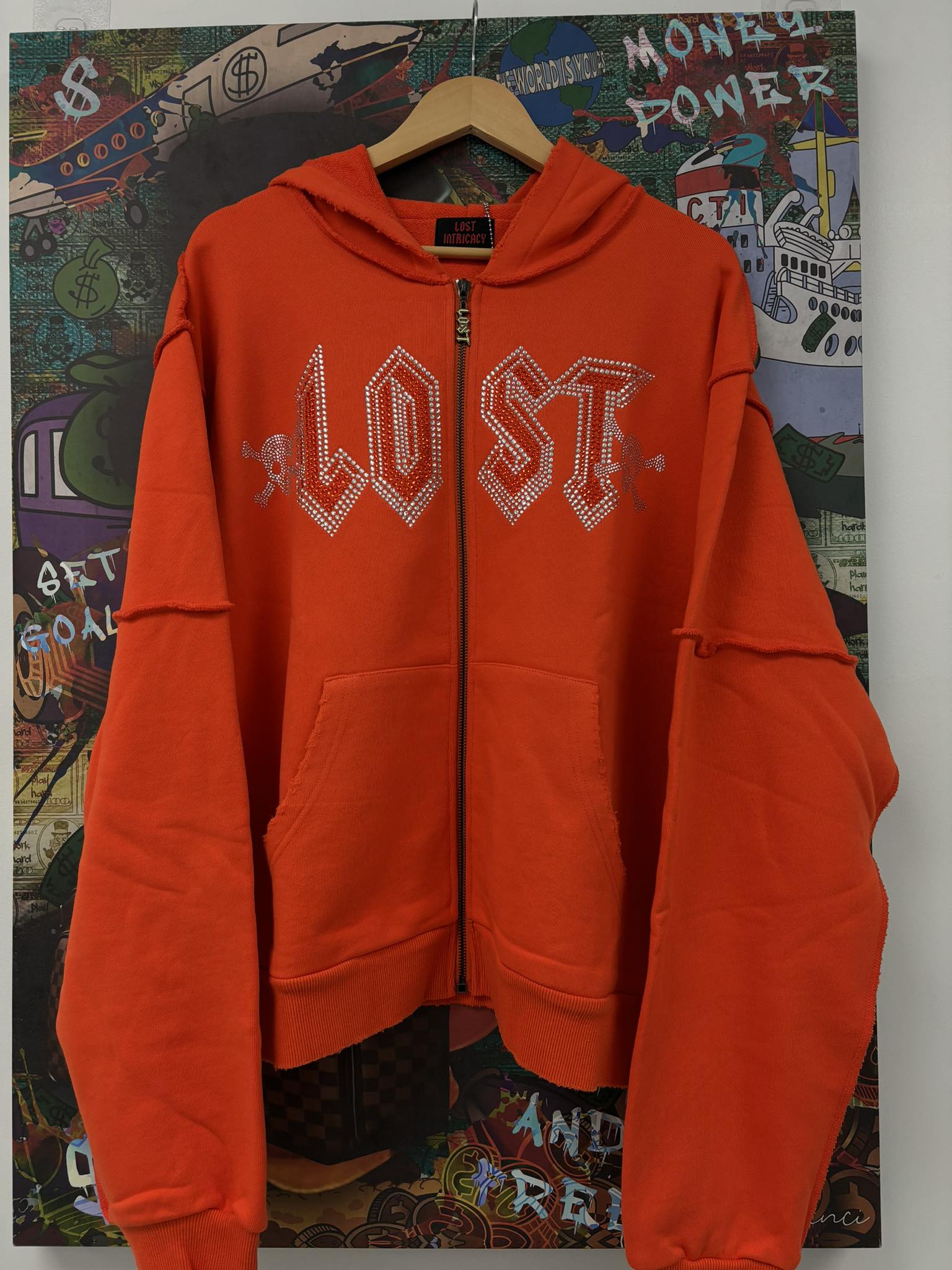 Lost Intricacy Zip Up Orange Rhinestone Hoodie