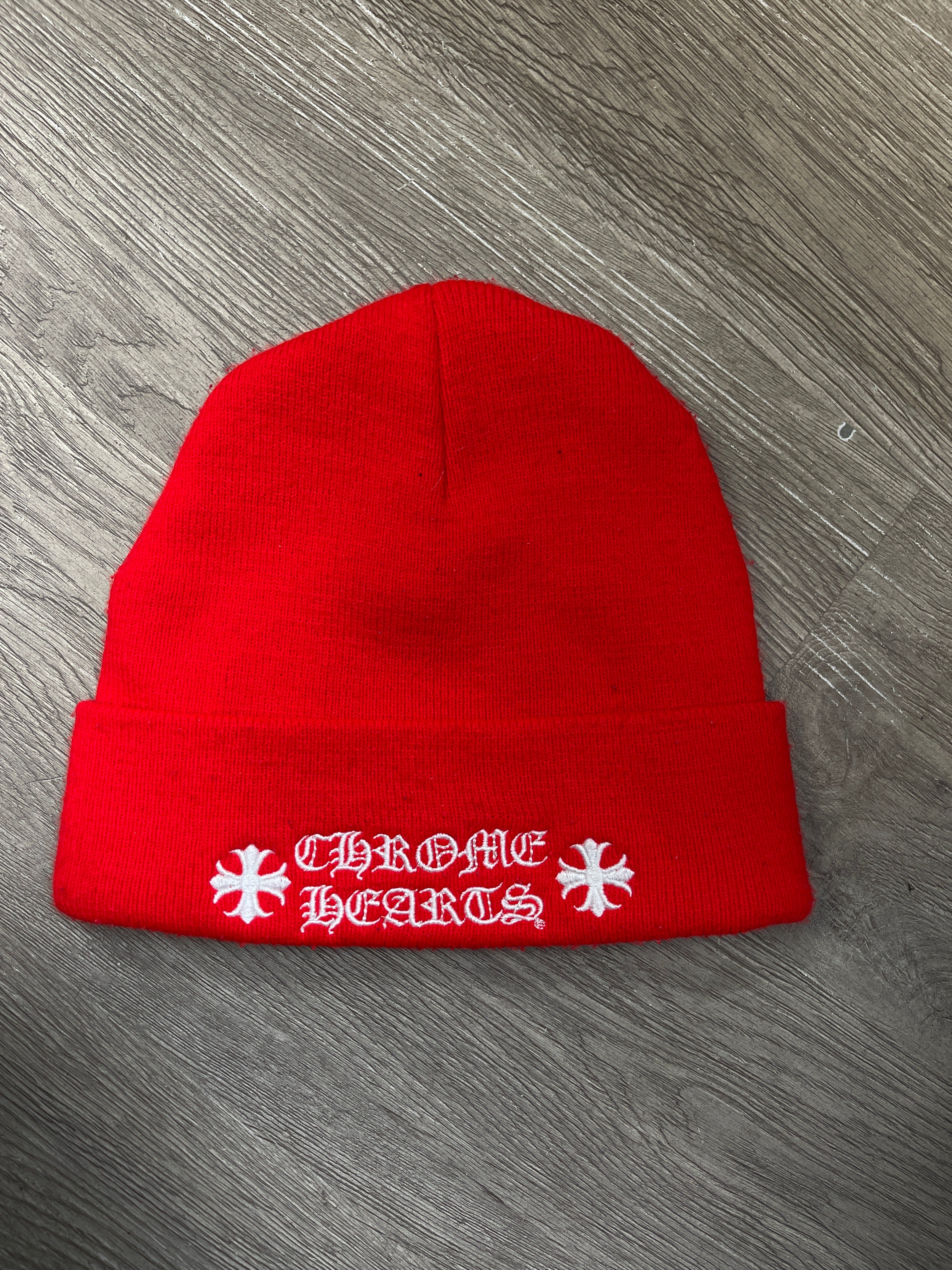 Chrome Hearts Red White Spellout Beanie