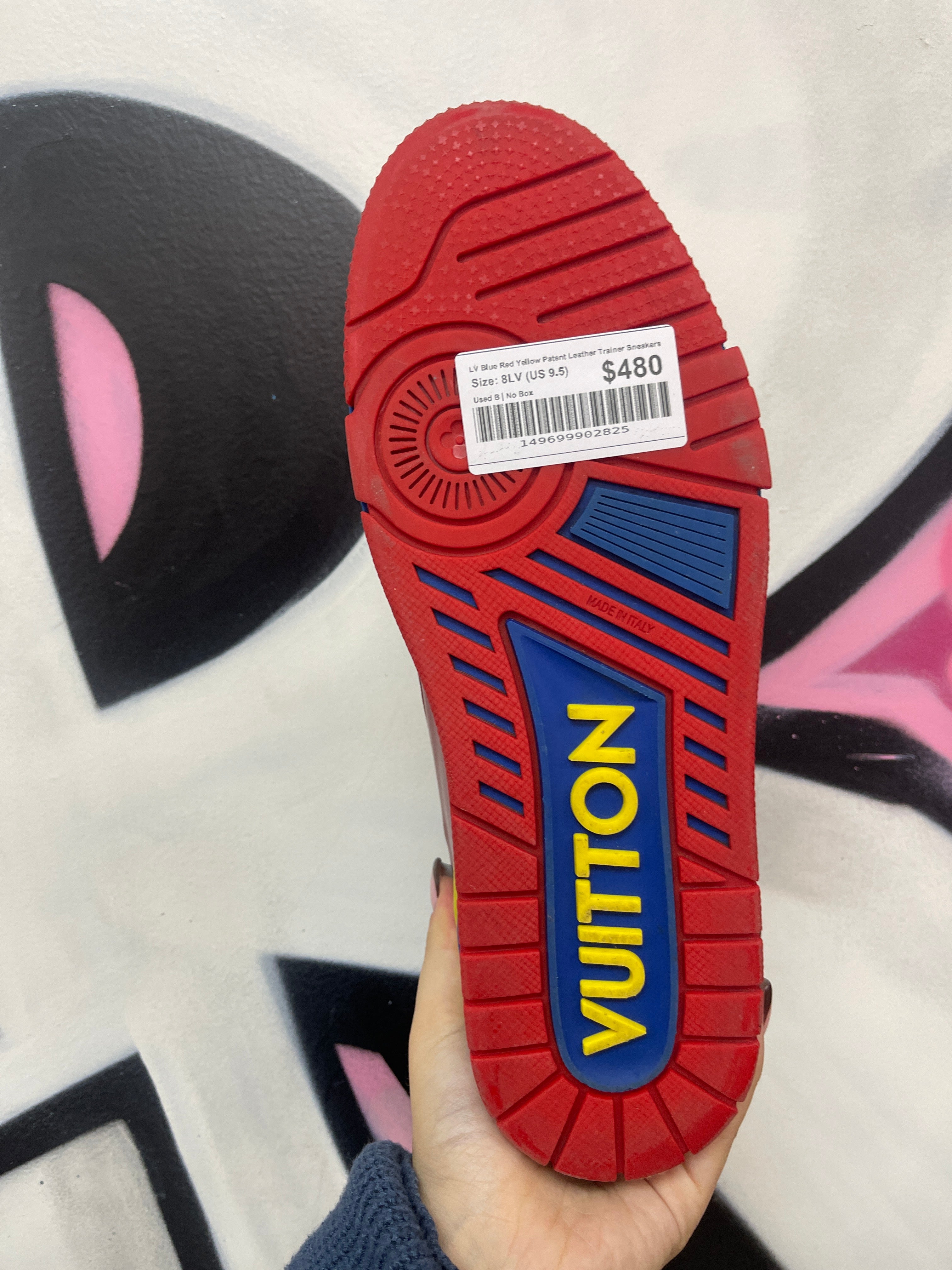 LV Blue Red Yellow Patent Leather Trainer Sneakers