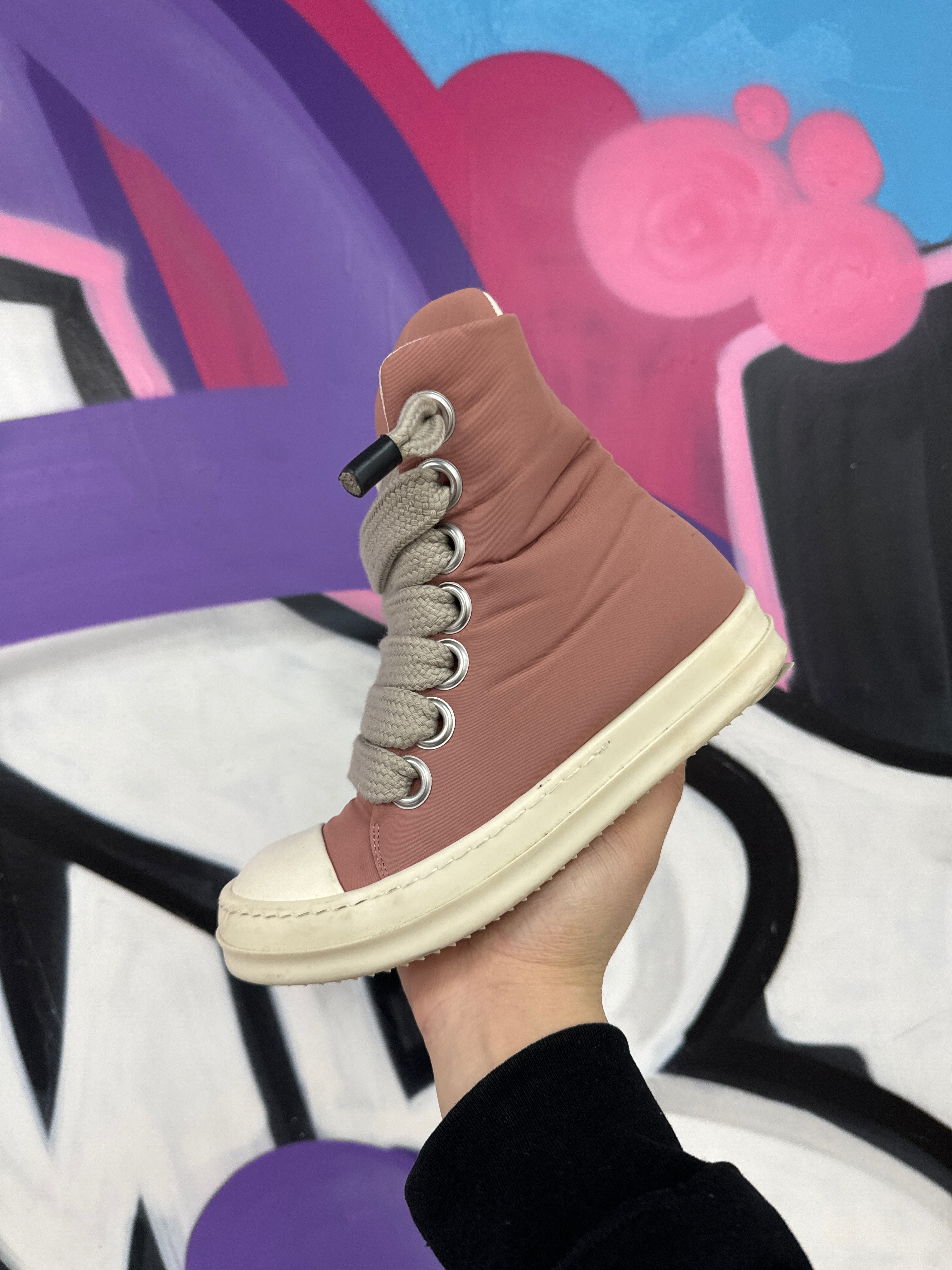 Rick Owens Nylon Pink Jumbo Lace Hi Sneakers