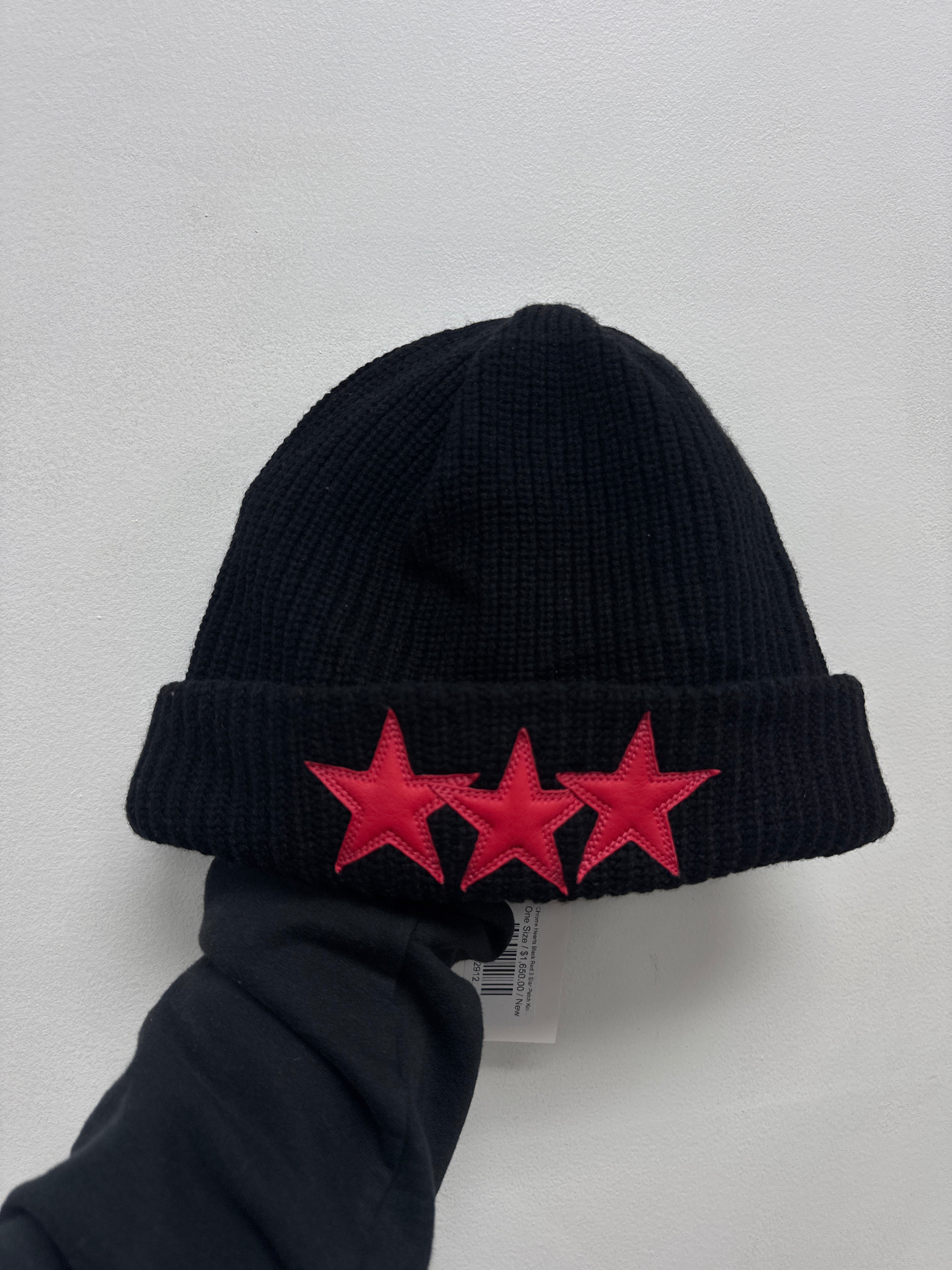 Chrome Hearts Black Red 3 Star Patch Knit Beanie