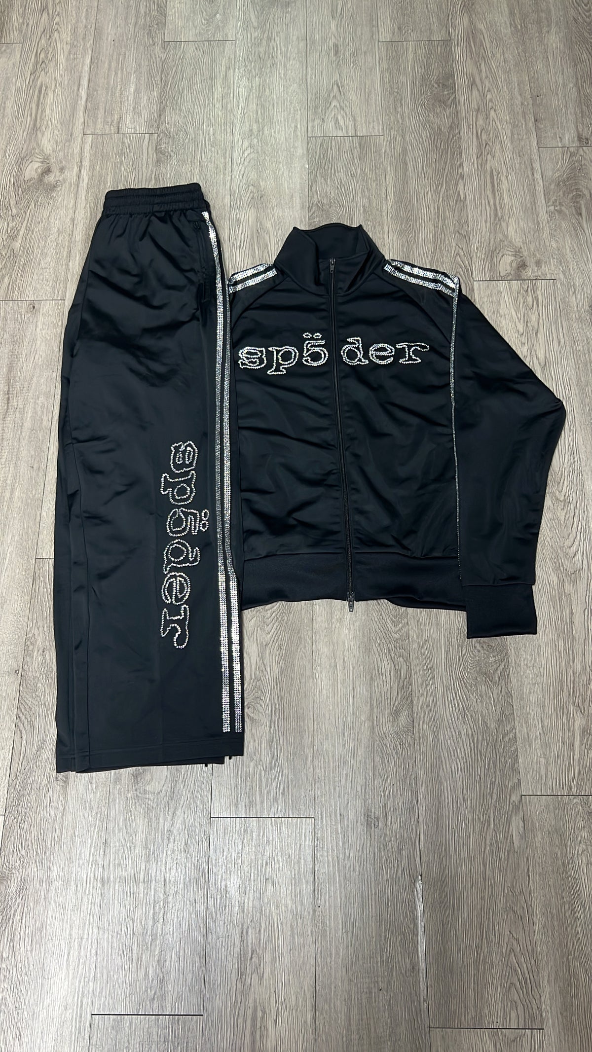 Sp5der Black Rhinestone Track Suit
