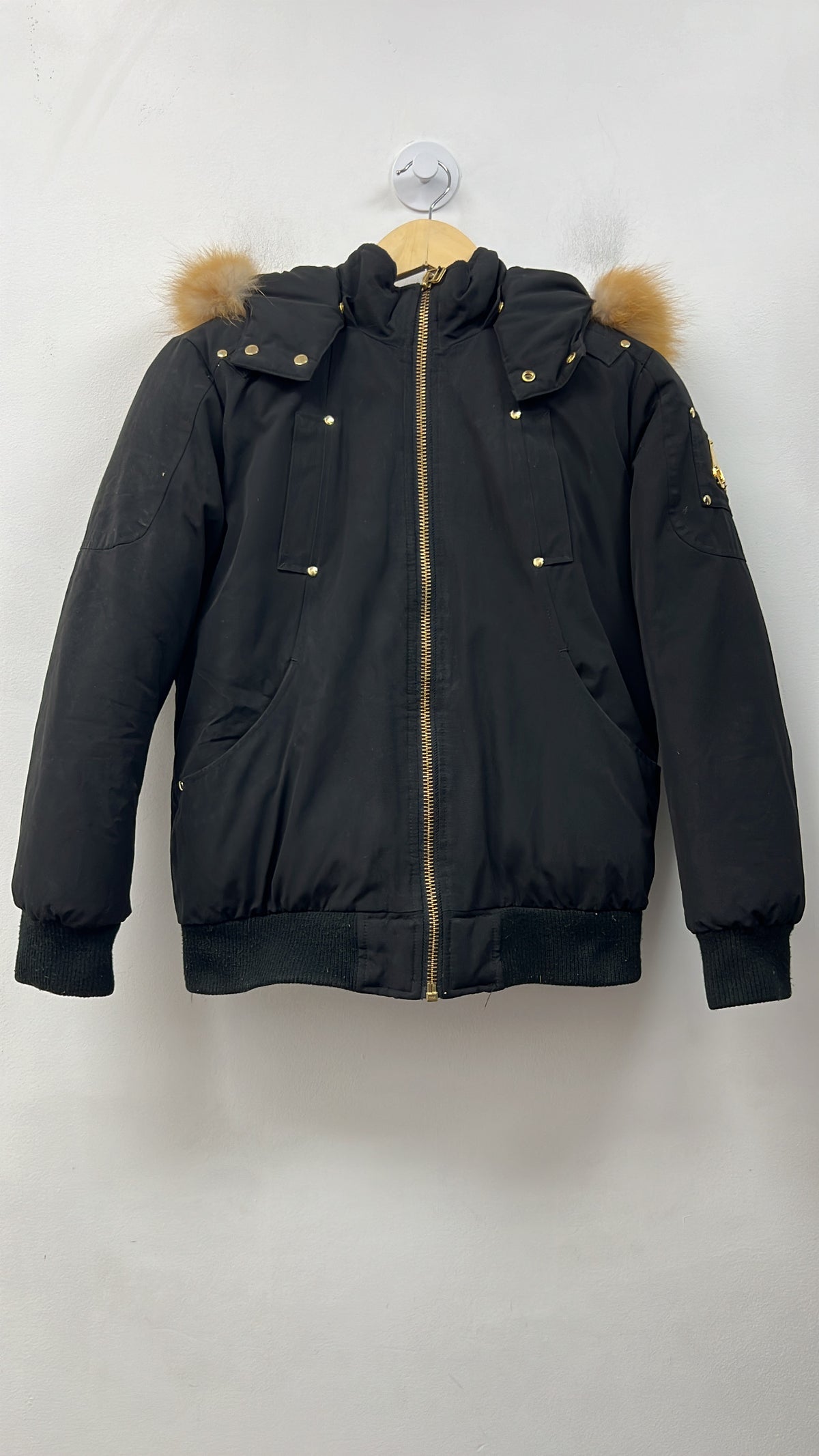 Moose Knuckles Black Gold Brown Fur Bomber Jacket