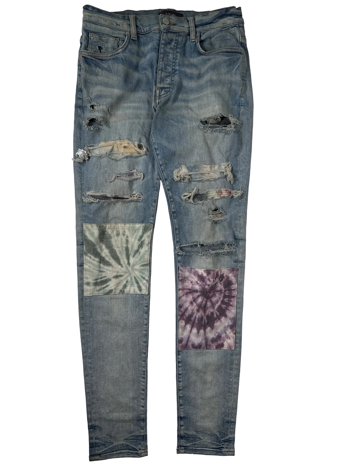 Amiri Light Wash Tie Dye Patchwork Jeans
