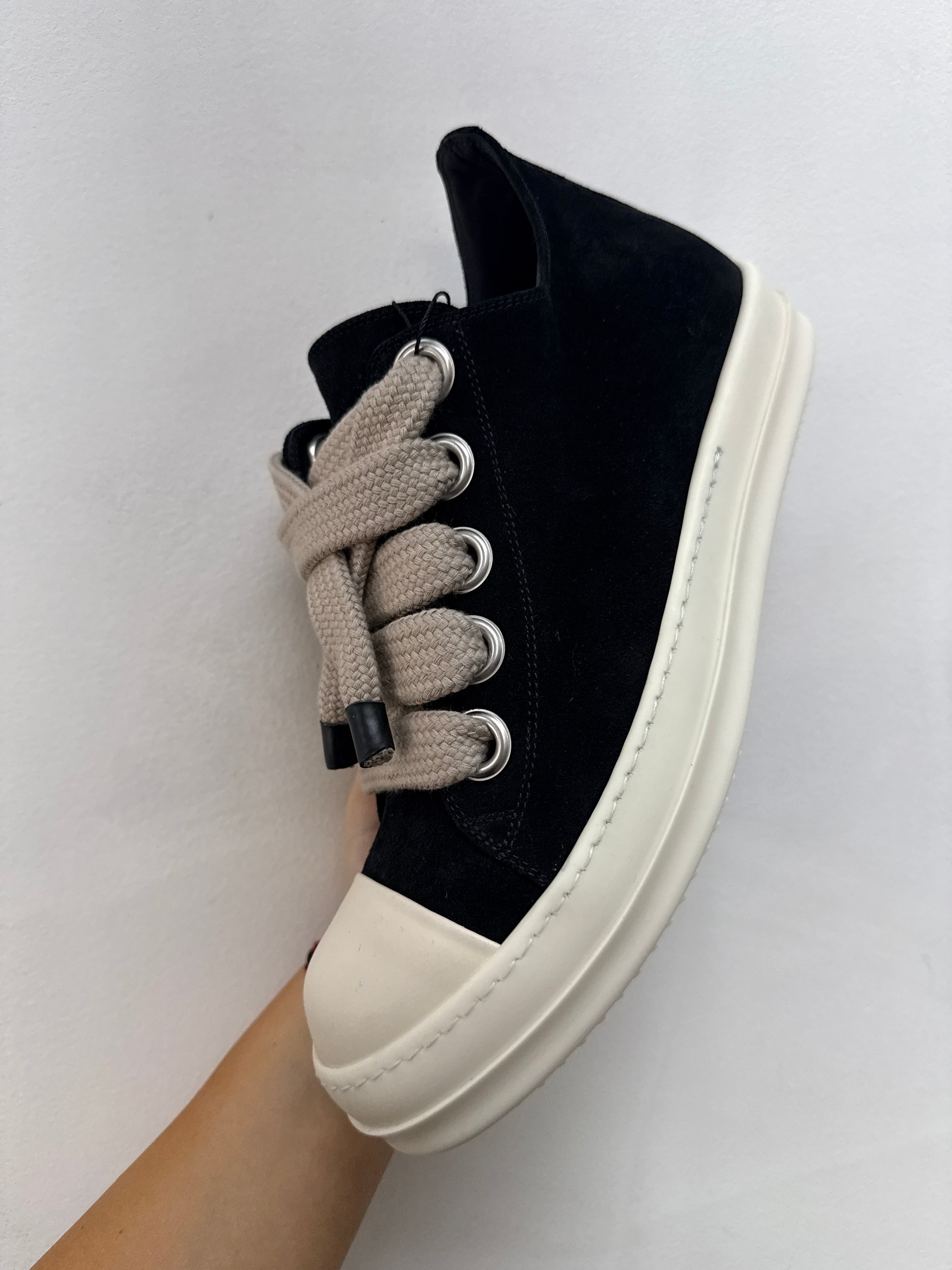Rick Owens Black Suede Jumbo Lace Mainline Low Sneakers