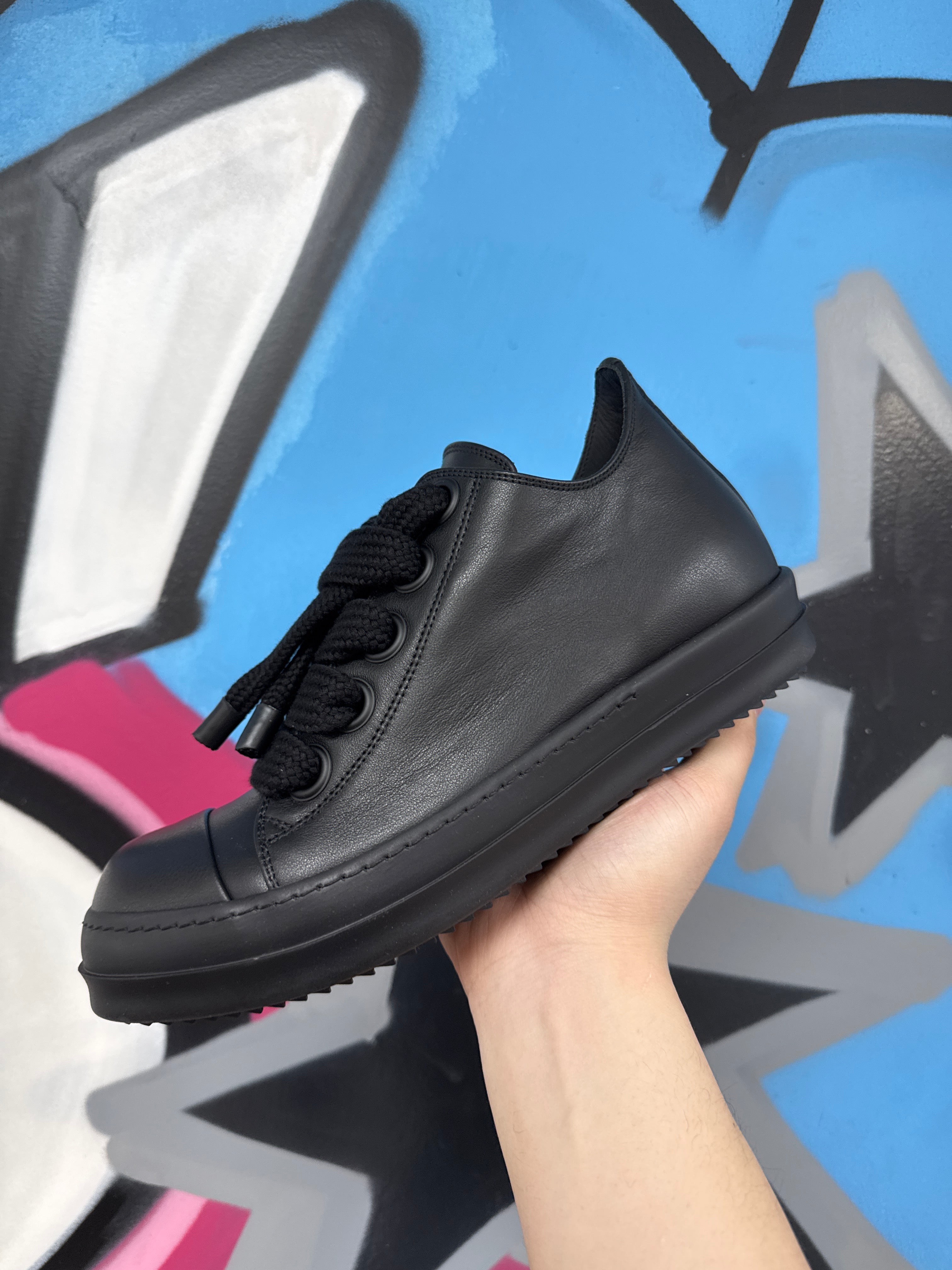 Rick Owens Triple Black Jumbo Lace Ramone Low Sneakers