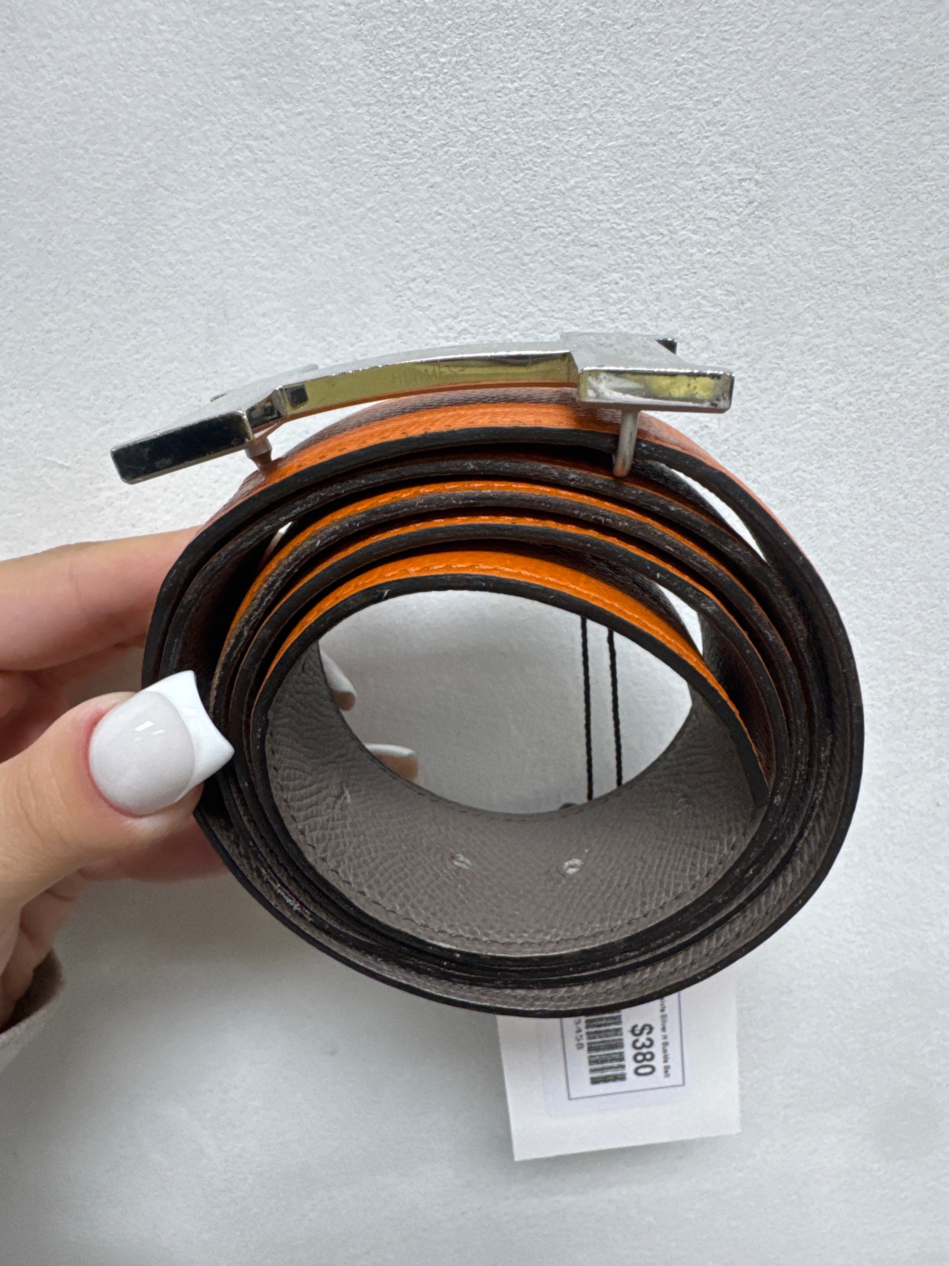 Hermes Orange/Brown Reversivle Silver H Buckle Belt
