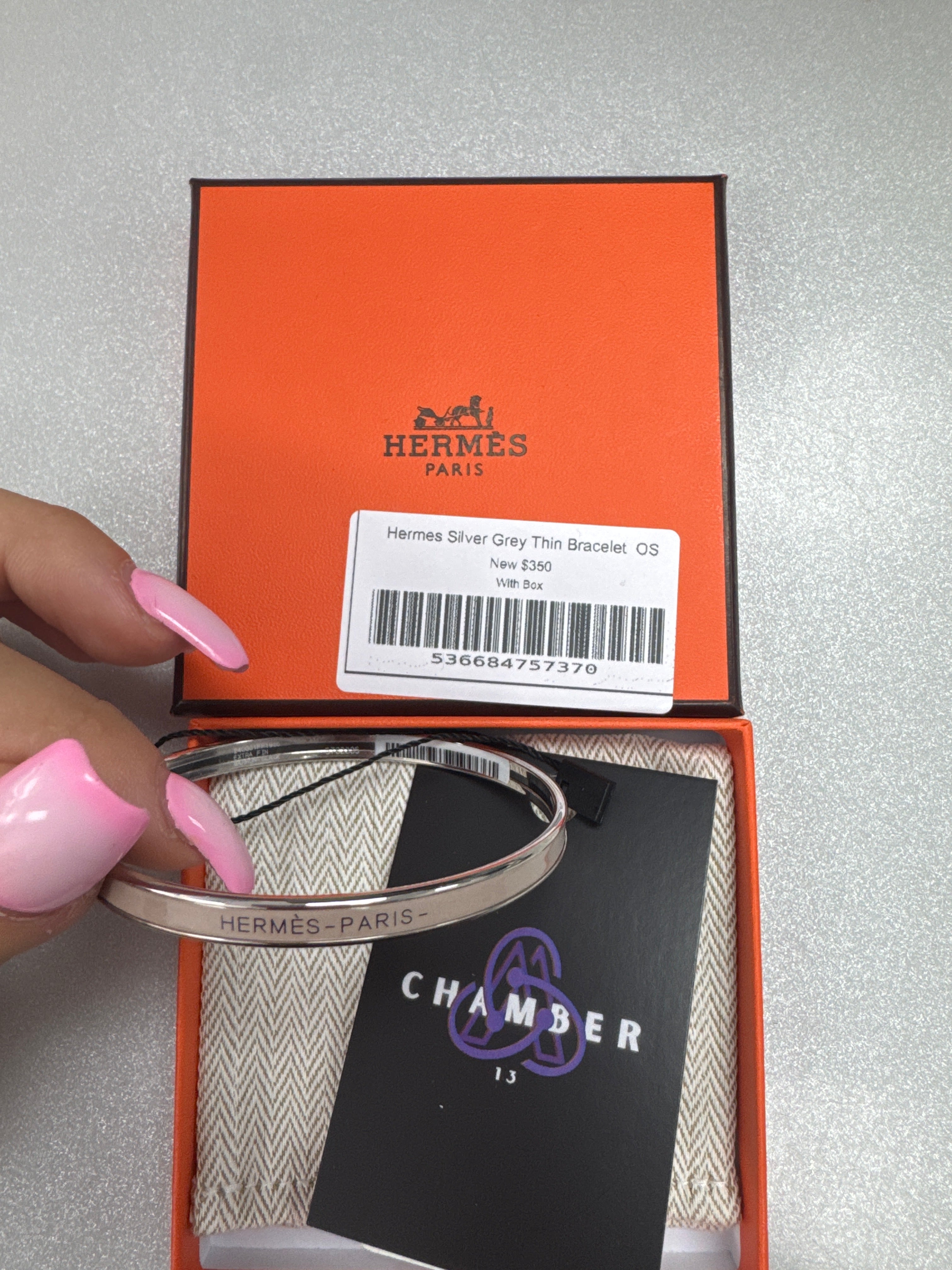 Hermes Silver Grey Thin Bracelet New OS With Box