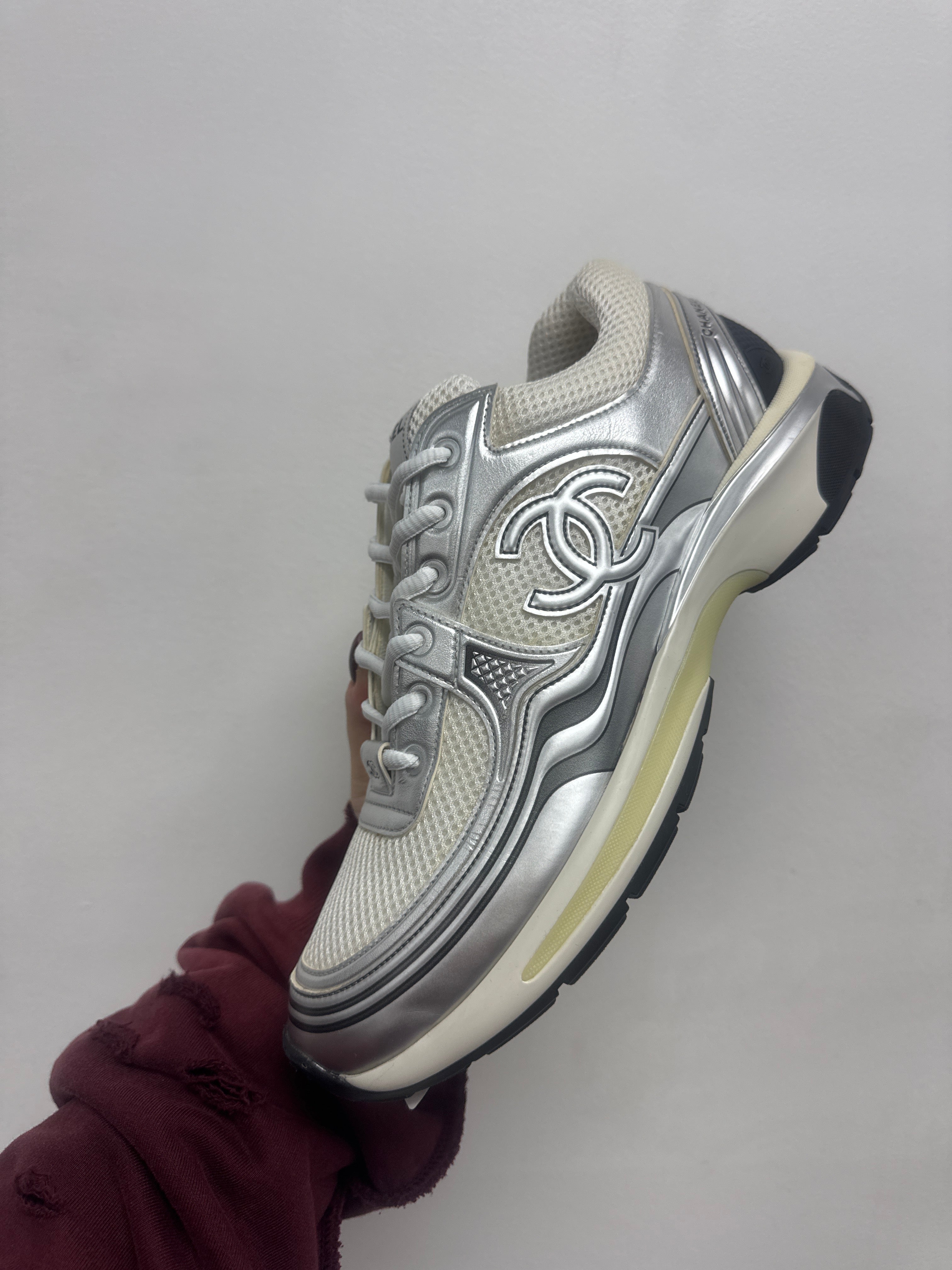 Chanel Cream Silver CC Logo Sneakers