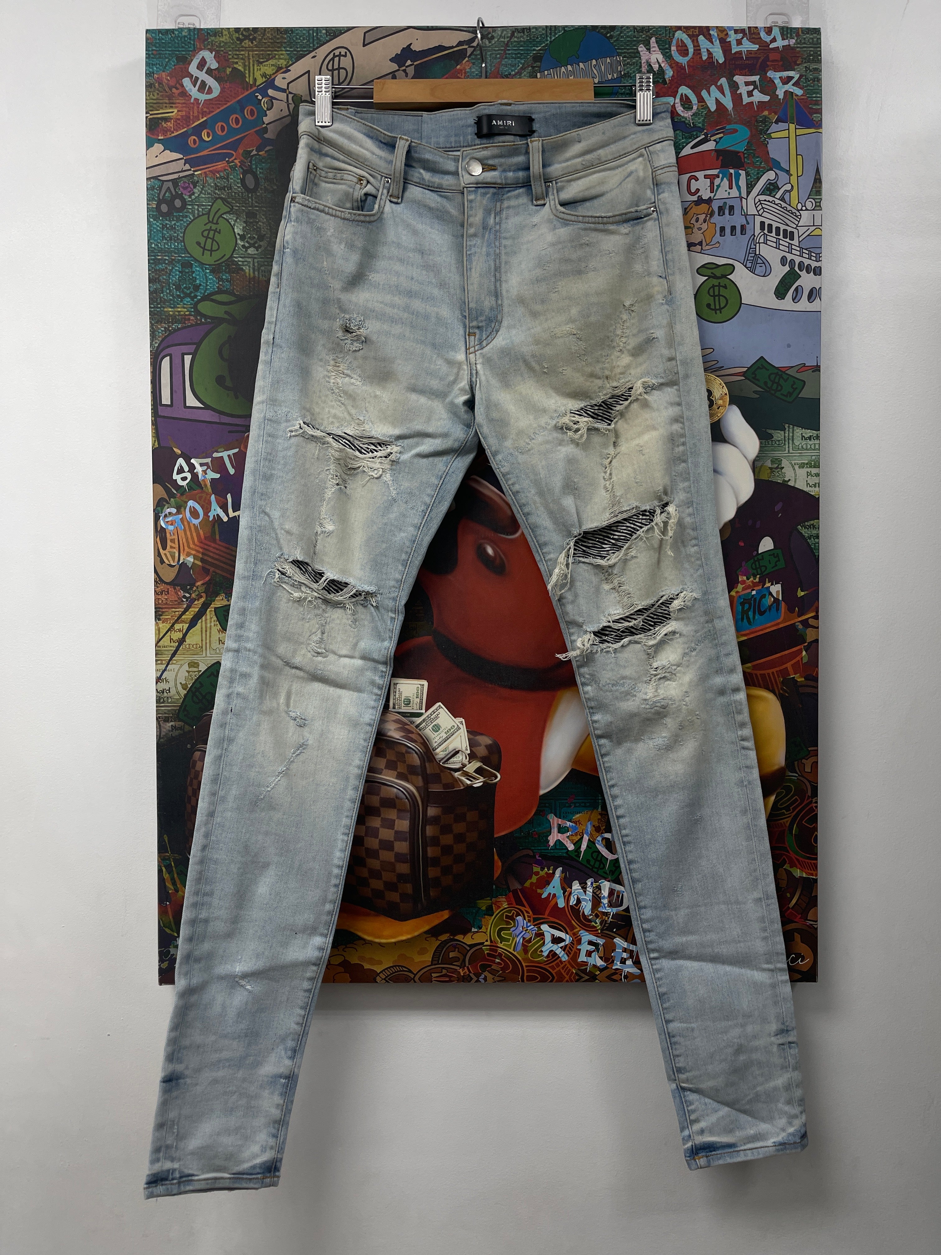 Amiri Light Wash Zebra Crystal Thrasher Patch (Zipper) Jeans