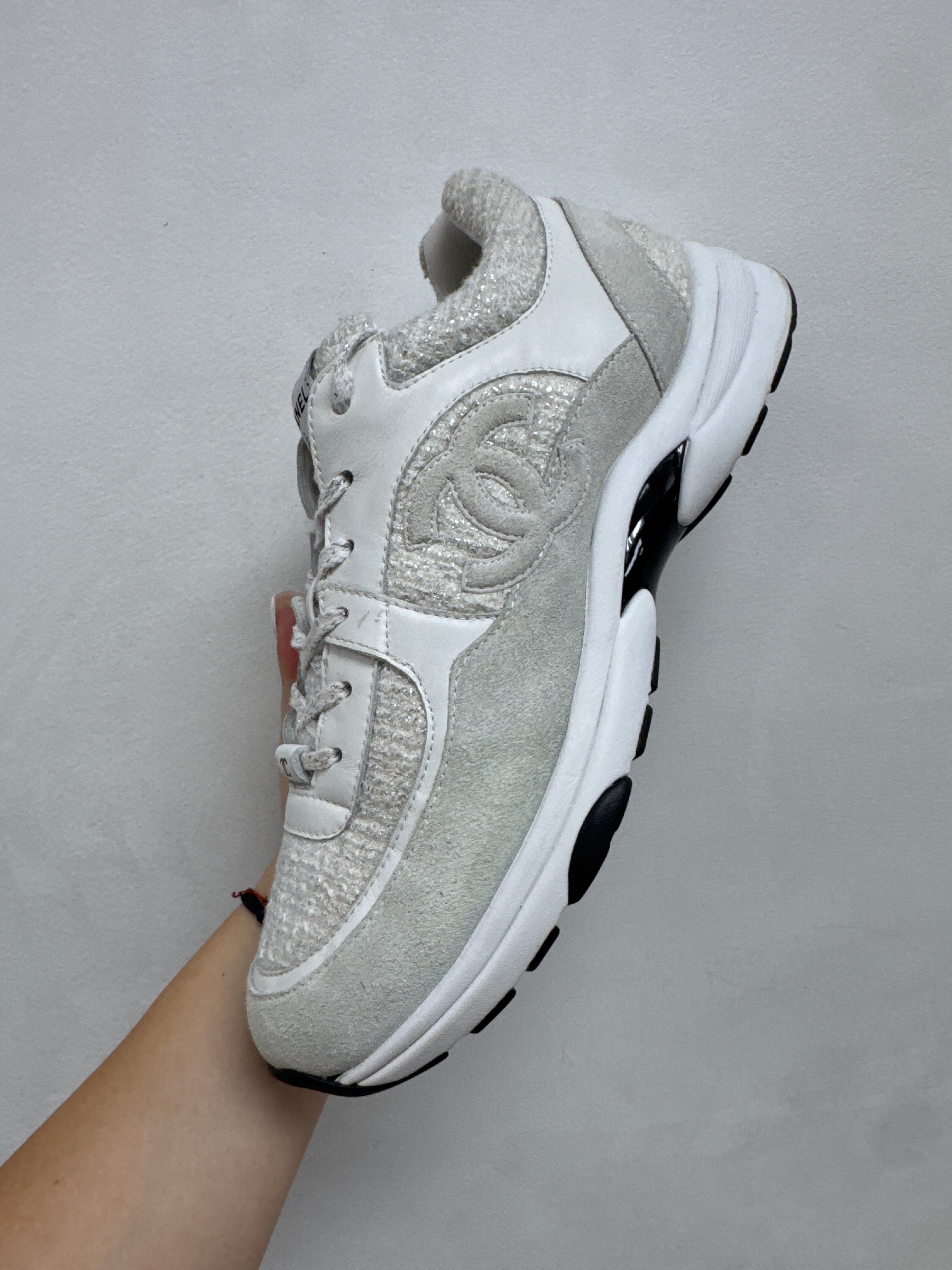 Chanel White Silver Tweed CC Logo Sneakers