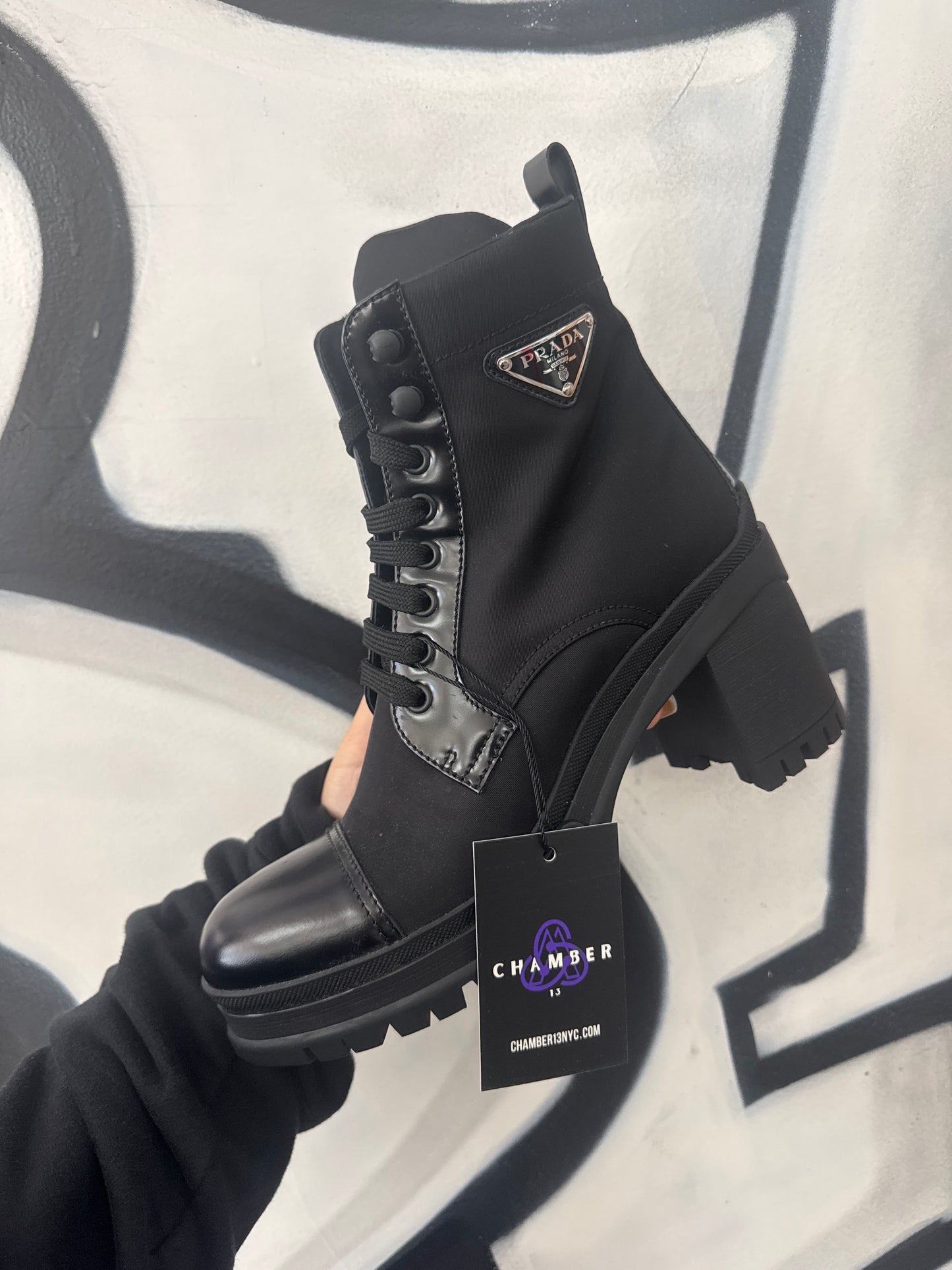 Prada Re-Nylon Leather 55MM Ankle Boots Black (38) Lightly Worn With Box