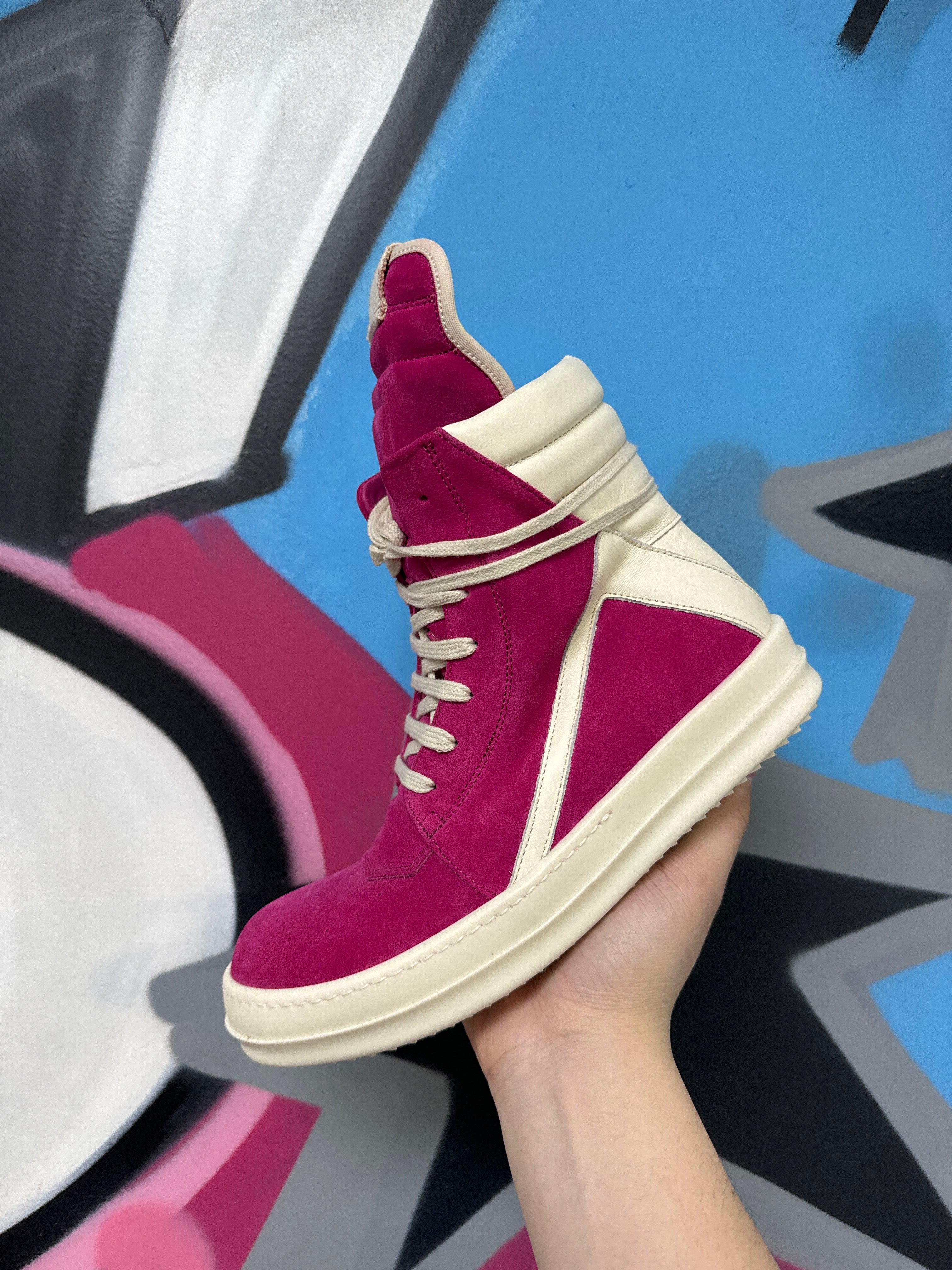 Rick Owens Hot Pink Suede Geobasket Sneakers