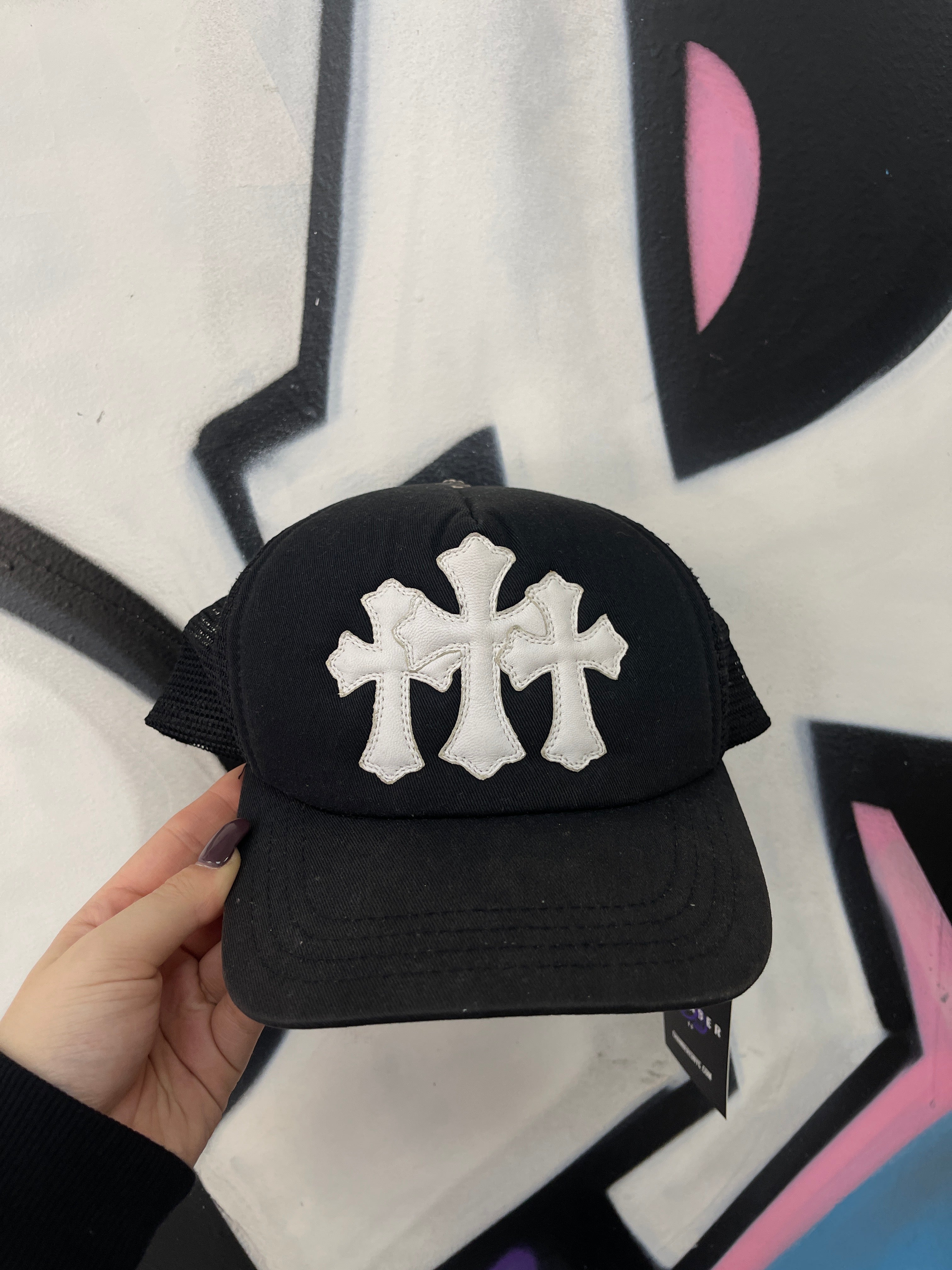 Chrome Hearts Black White Cemetery 3 Cross Trucker Cap