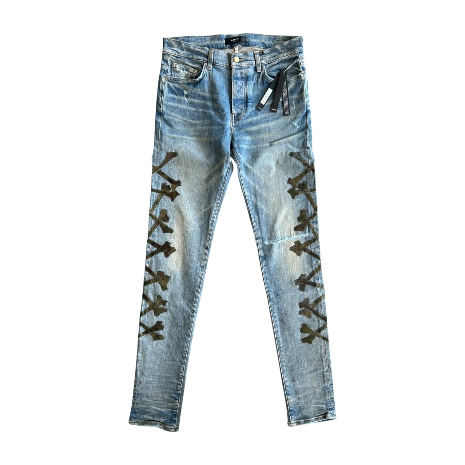 Amiri 'Bones' Light Wash Blue & Camo Jeans