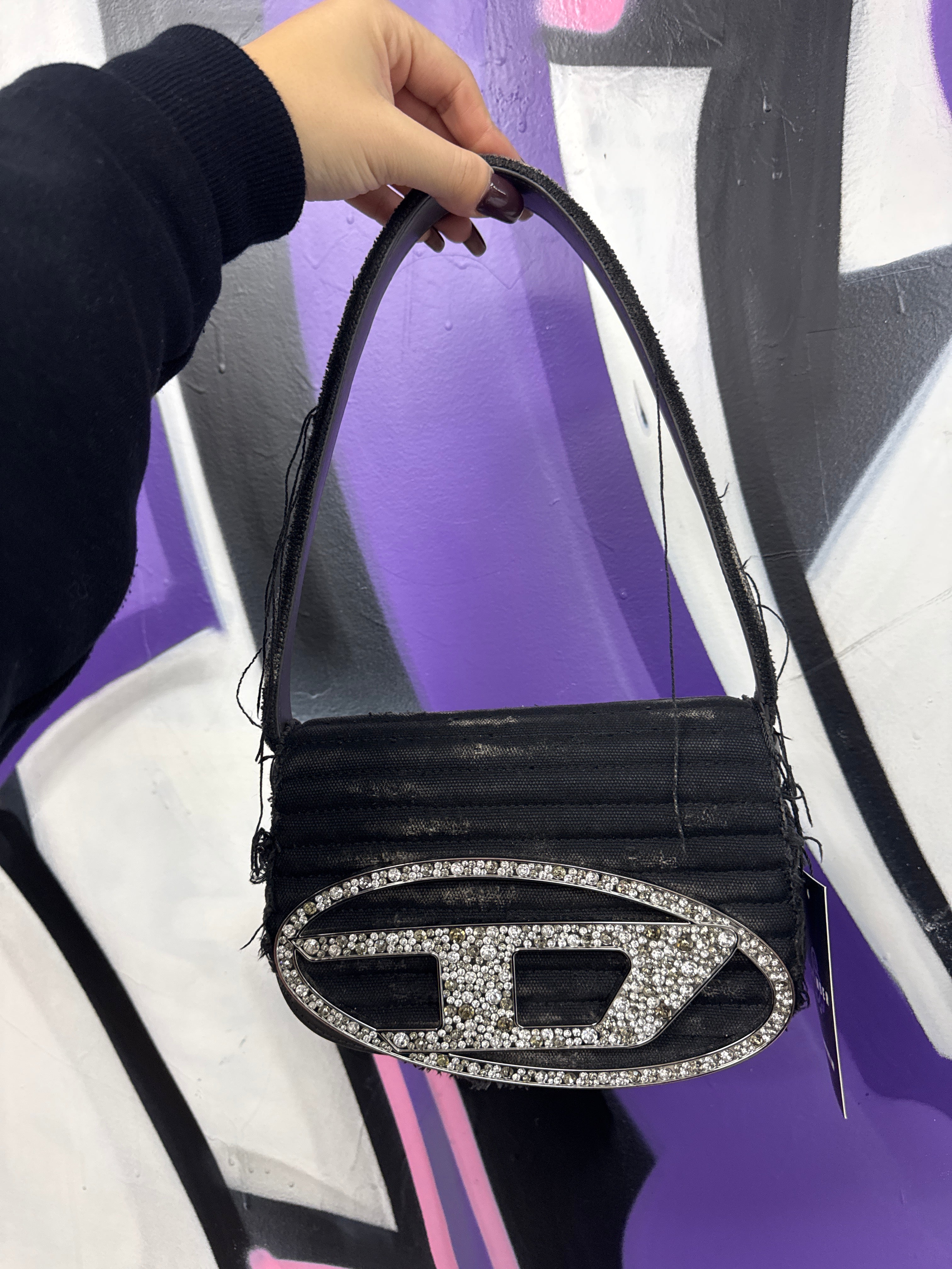 Diesel Black Denim Crystal Disstressed Bag