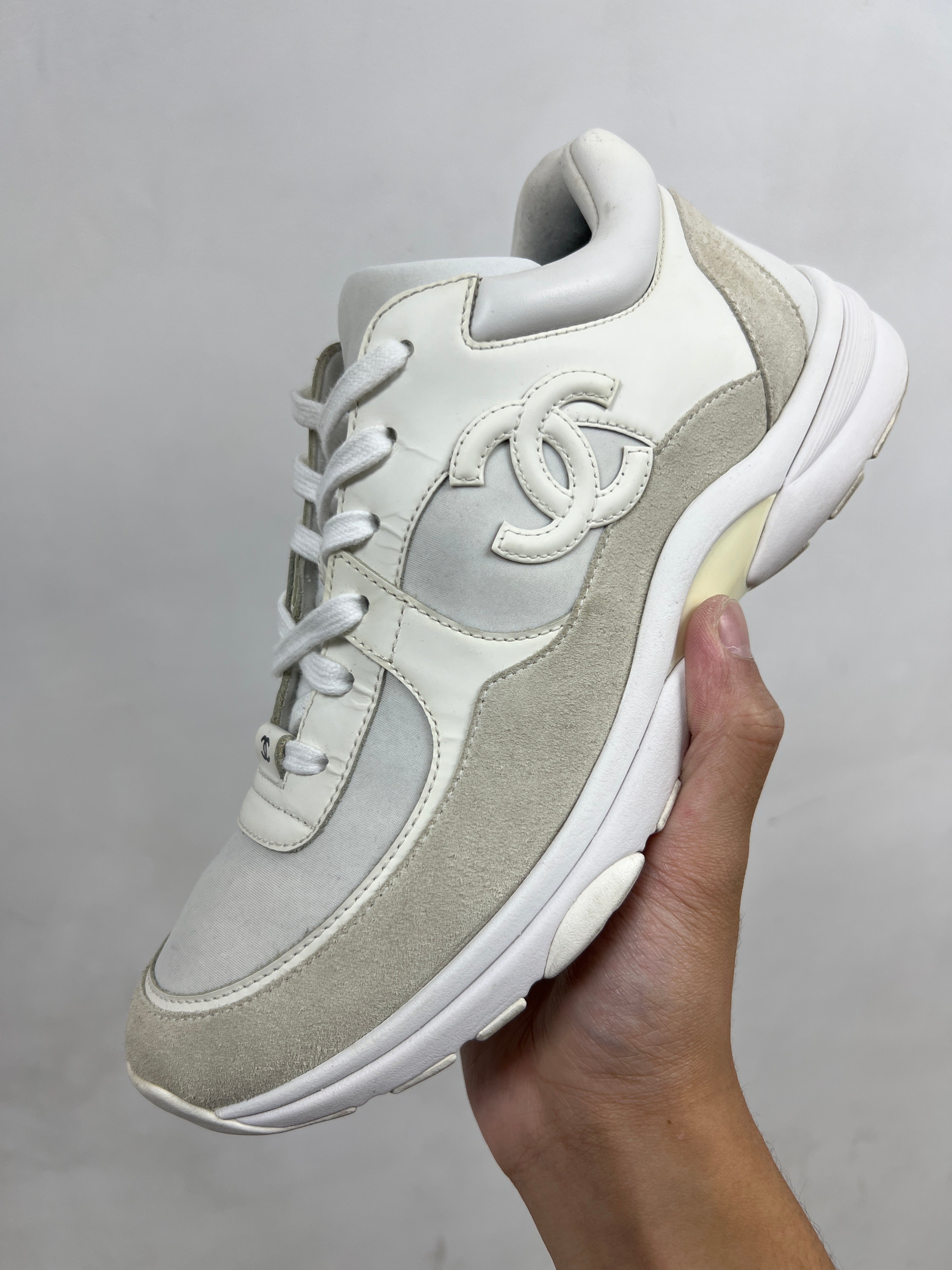 Chanel White Cream CC Runner Sneakers