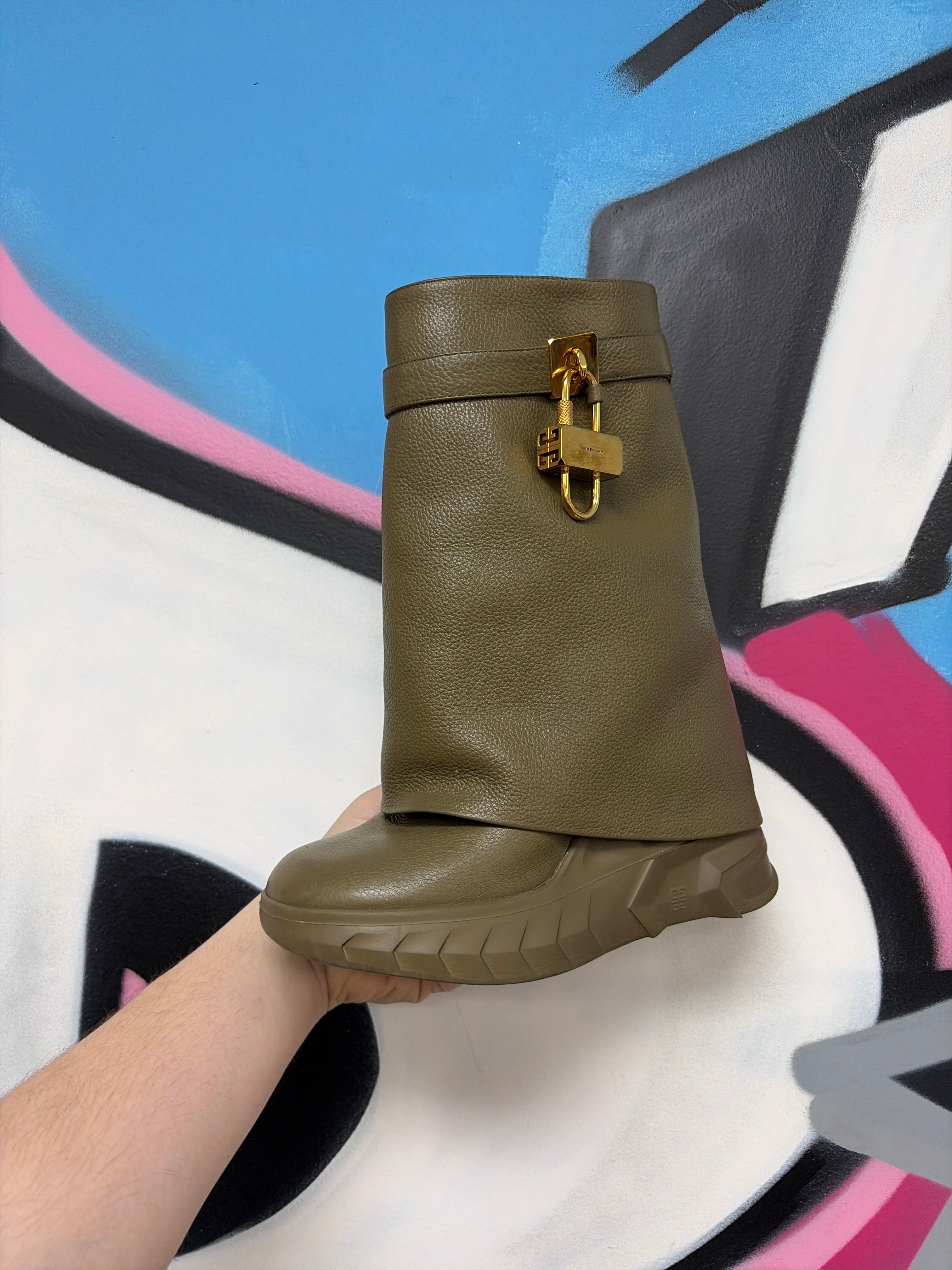 Givenchy Olive Shark Lock Biker Boots
