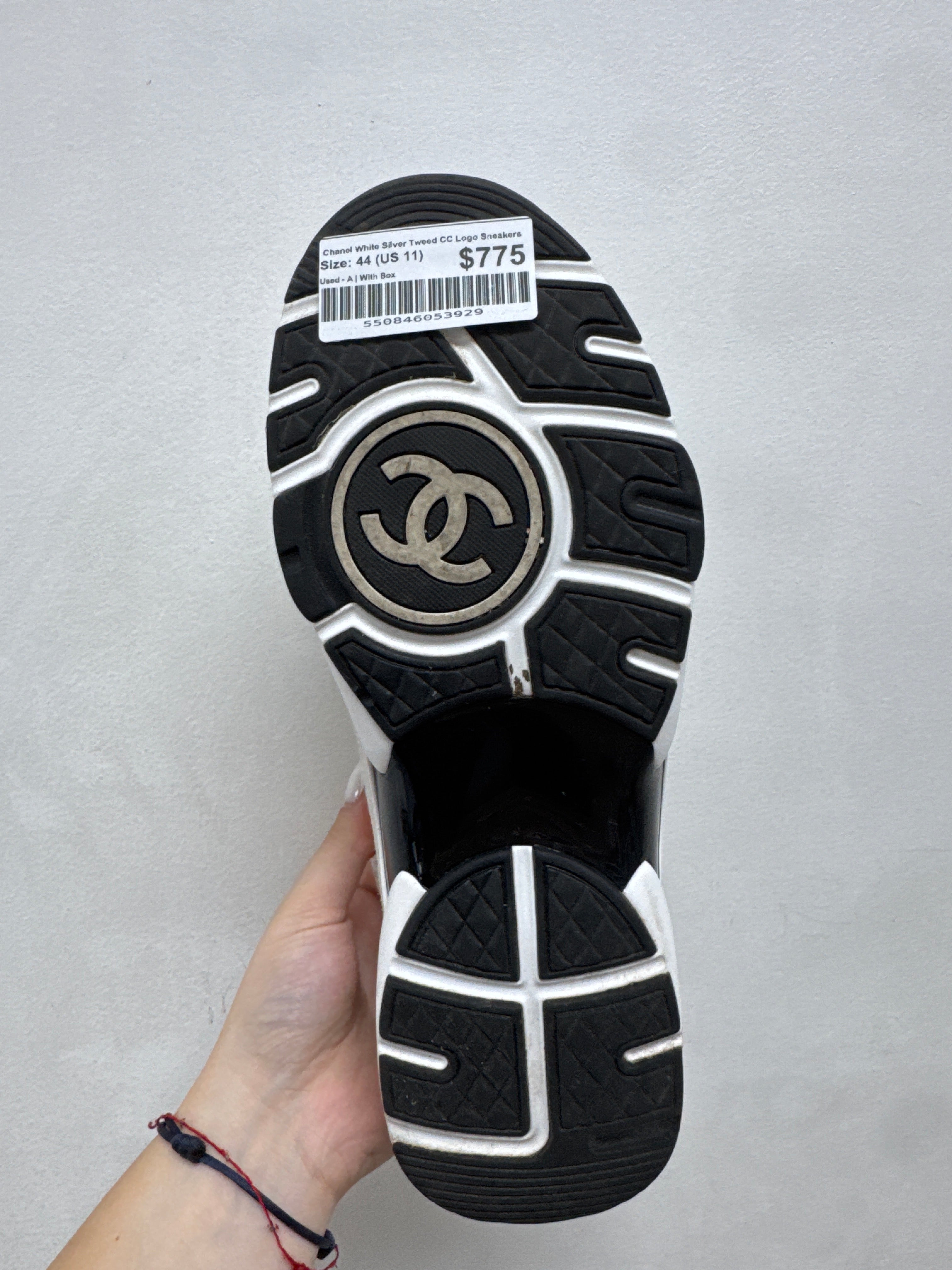 Chanel White Silver Tweed CC Logo Sneakers