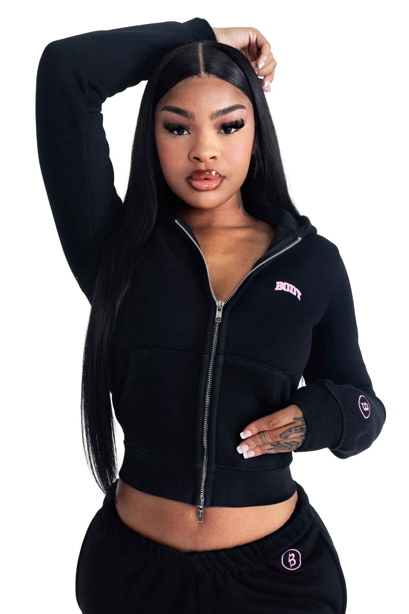 Body By Raven 'Backshot' Black & Pink Zip Up Hoodie