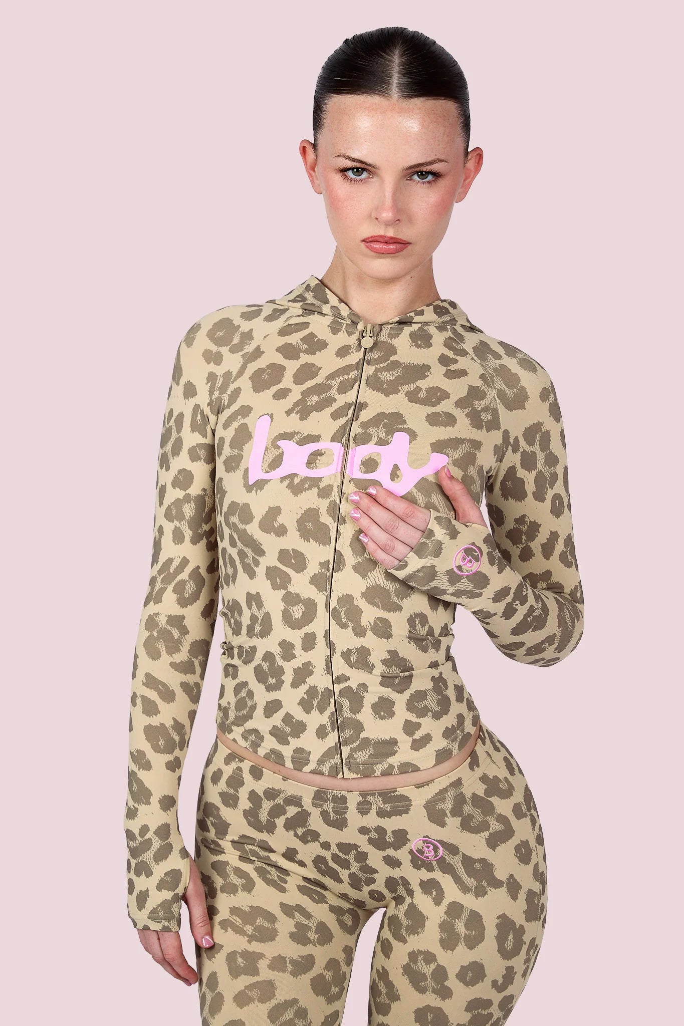 Body By Raven 'Basics 2.0' Leopard & Baby Pink Zip Up Hoodie