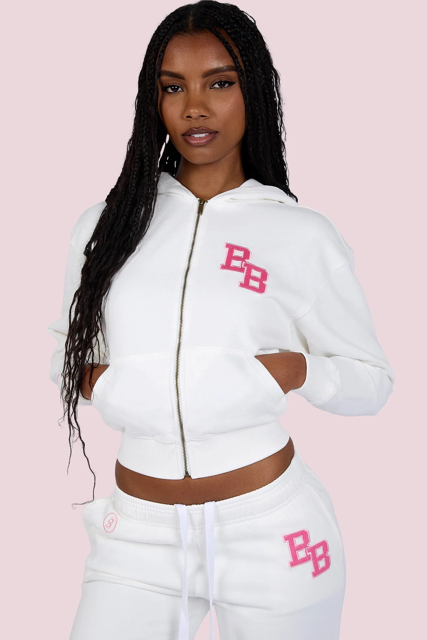 Body By Raven 'University' Eggshell White & Pink Hoodie