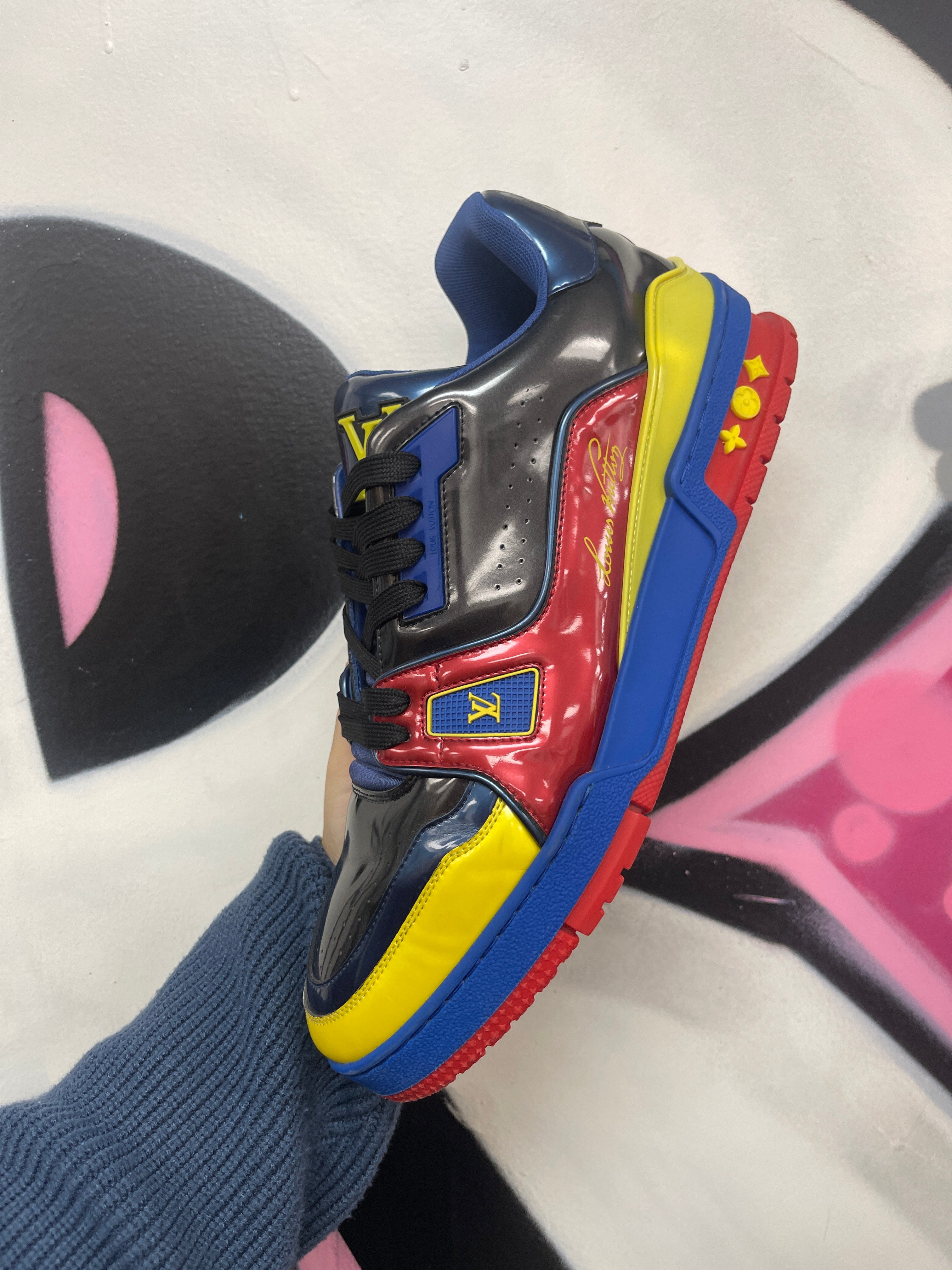 LV Blue Red Yellow Patent Leather Trainer Sneakers