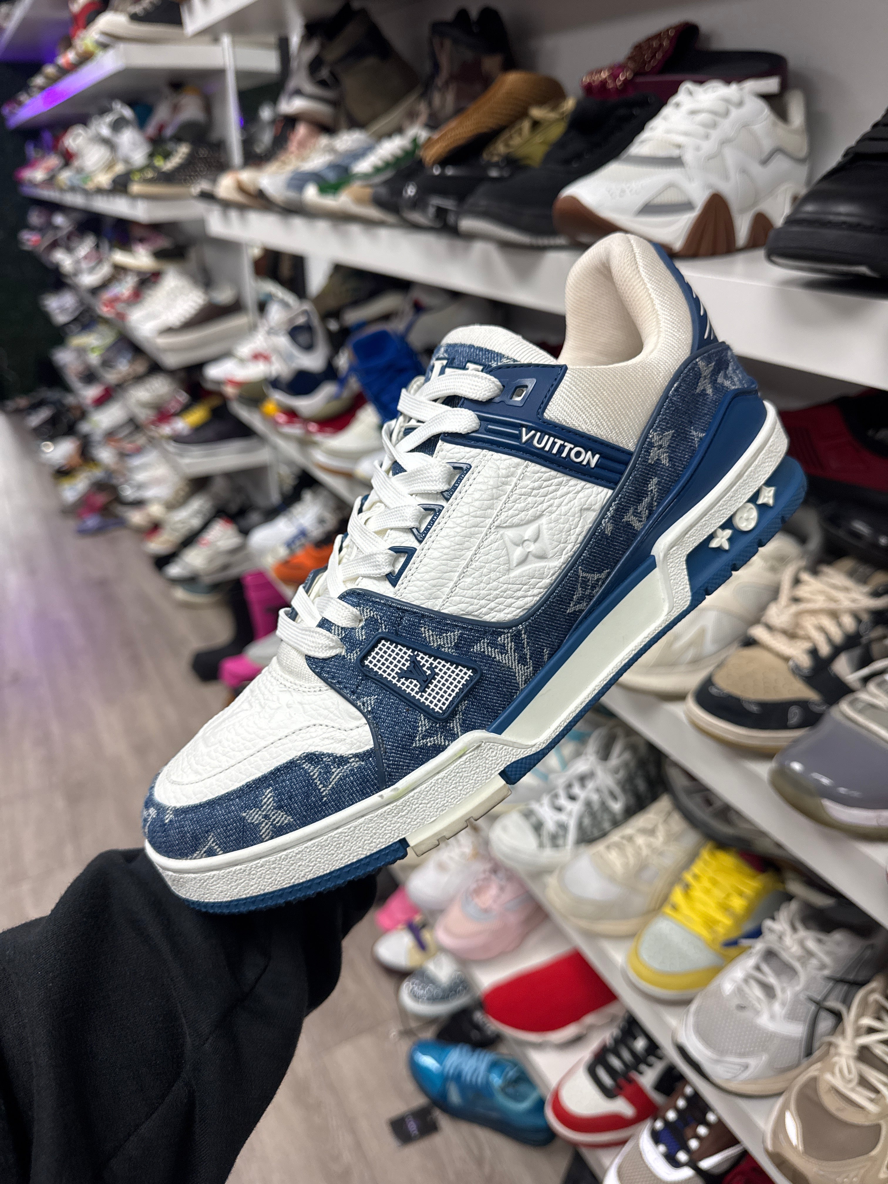 Louis Vuitton White Blue Denim Monogram Trainer Sneakers