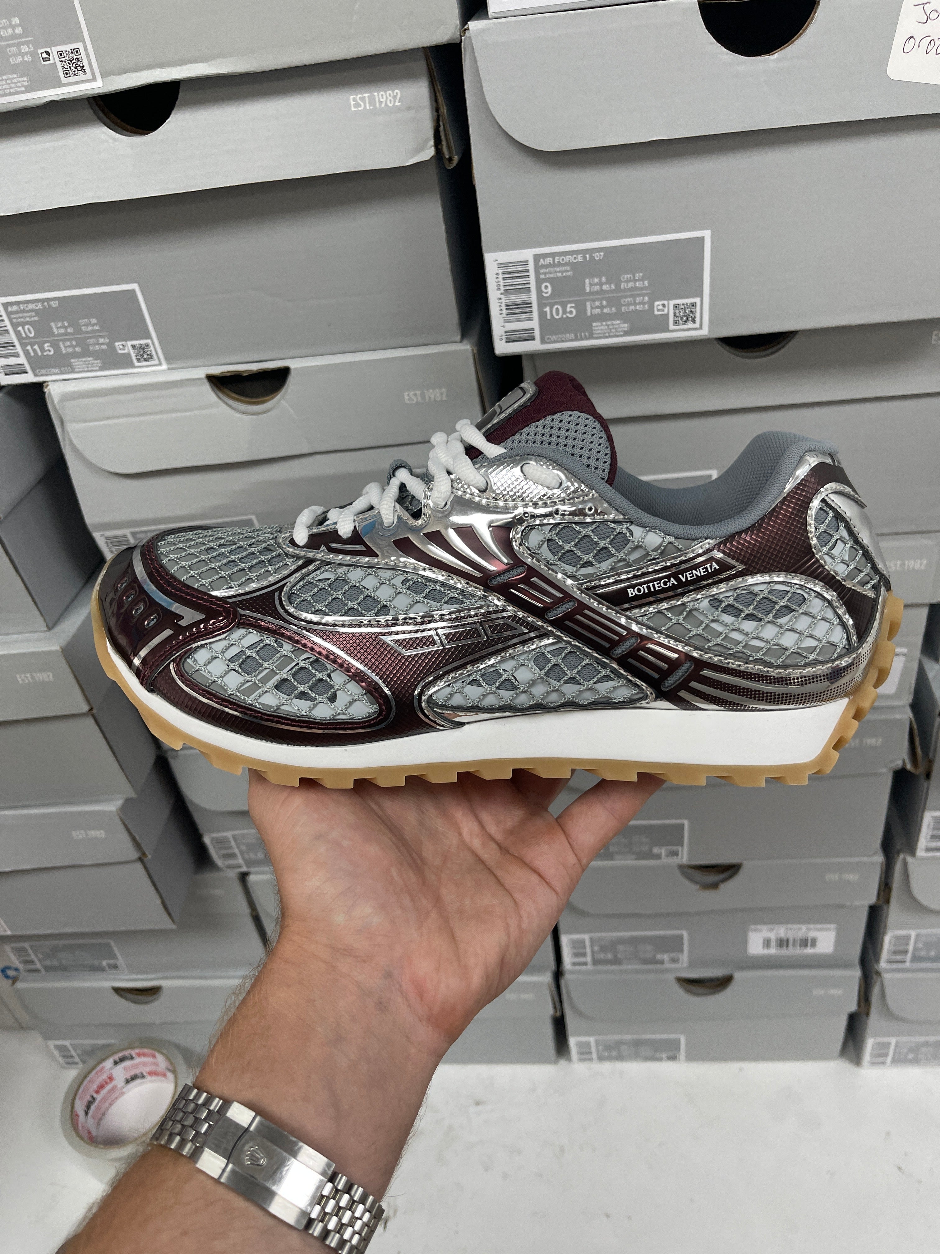 Bottega Veneta Maroon Silver Orbit Sneakers