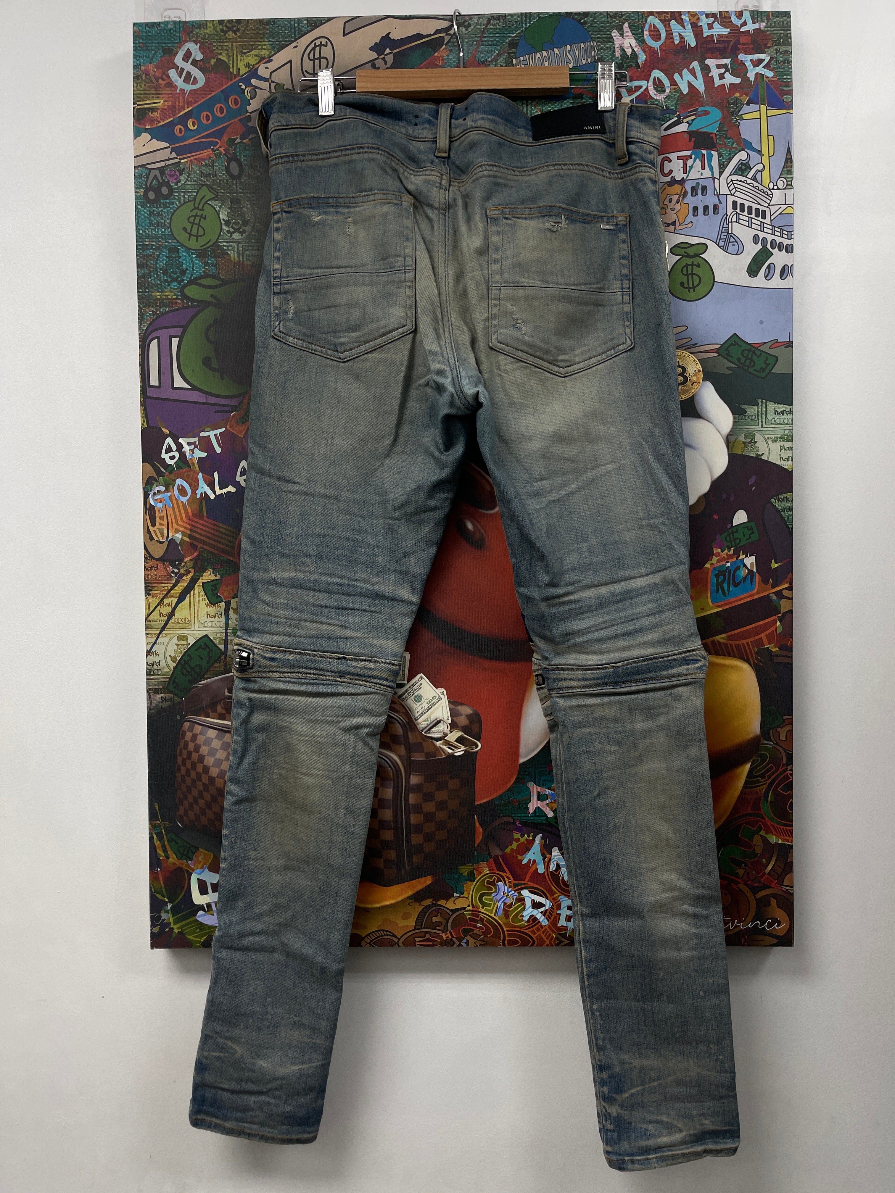 Amiri MX2 Light Blue Black Plaid Patch Jeans