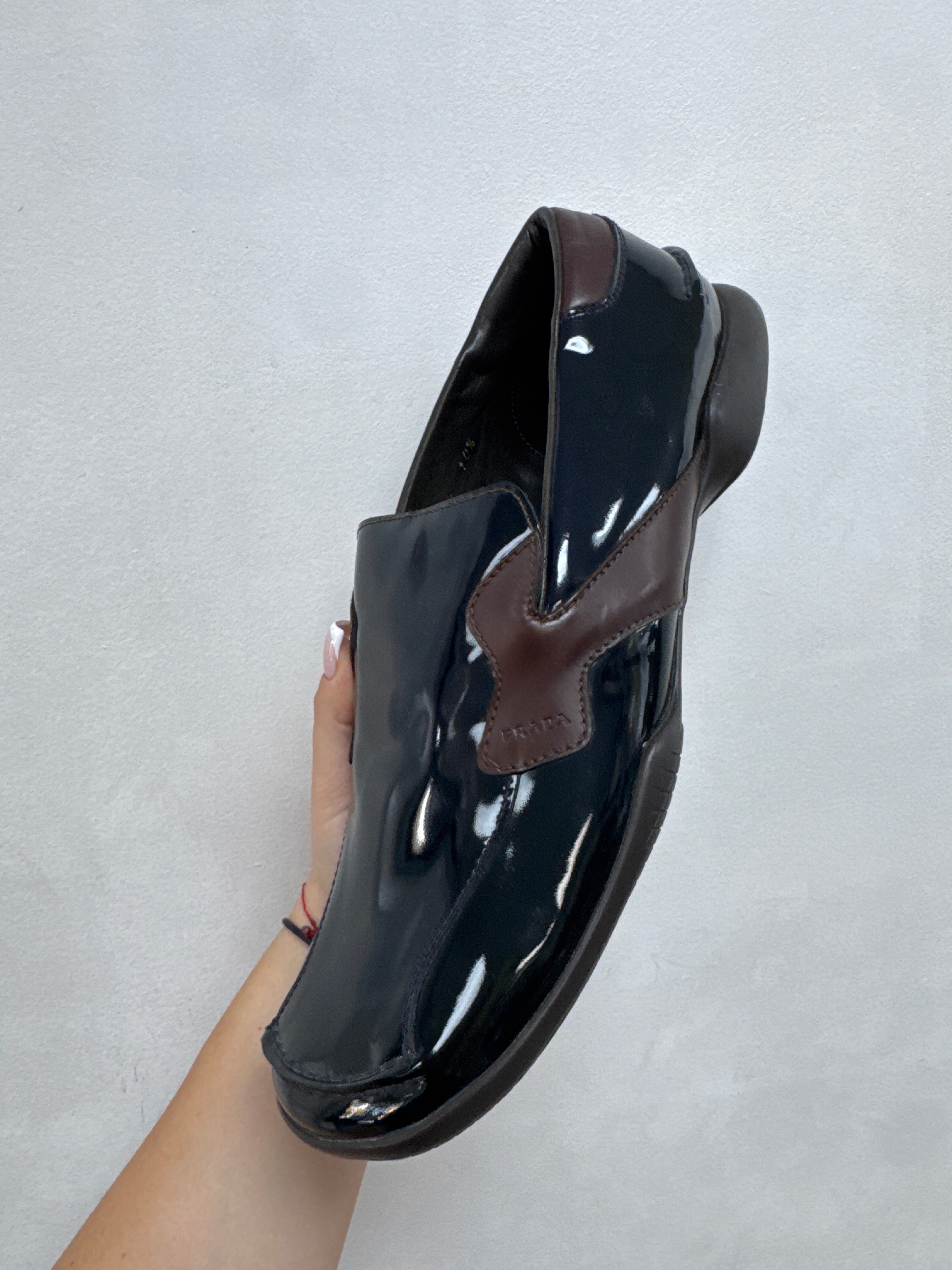 Prada Navy Brown Patent Leather Loafer Shoes