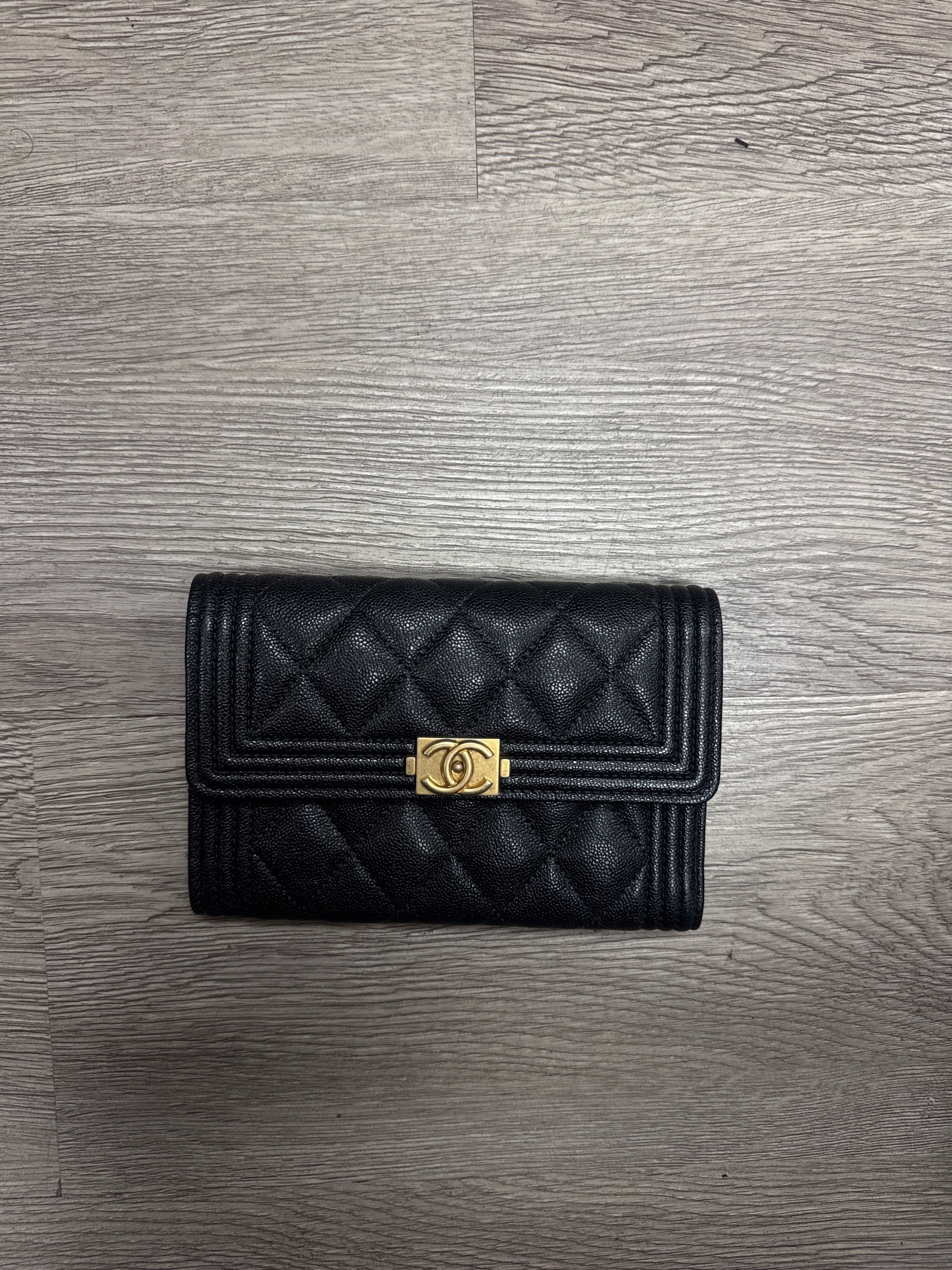 Chanel Quilted Caviar Boy Flap Wallet Black Lightly Worn Medium N/A
