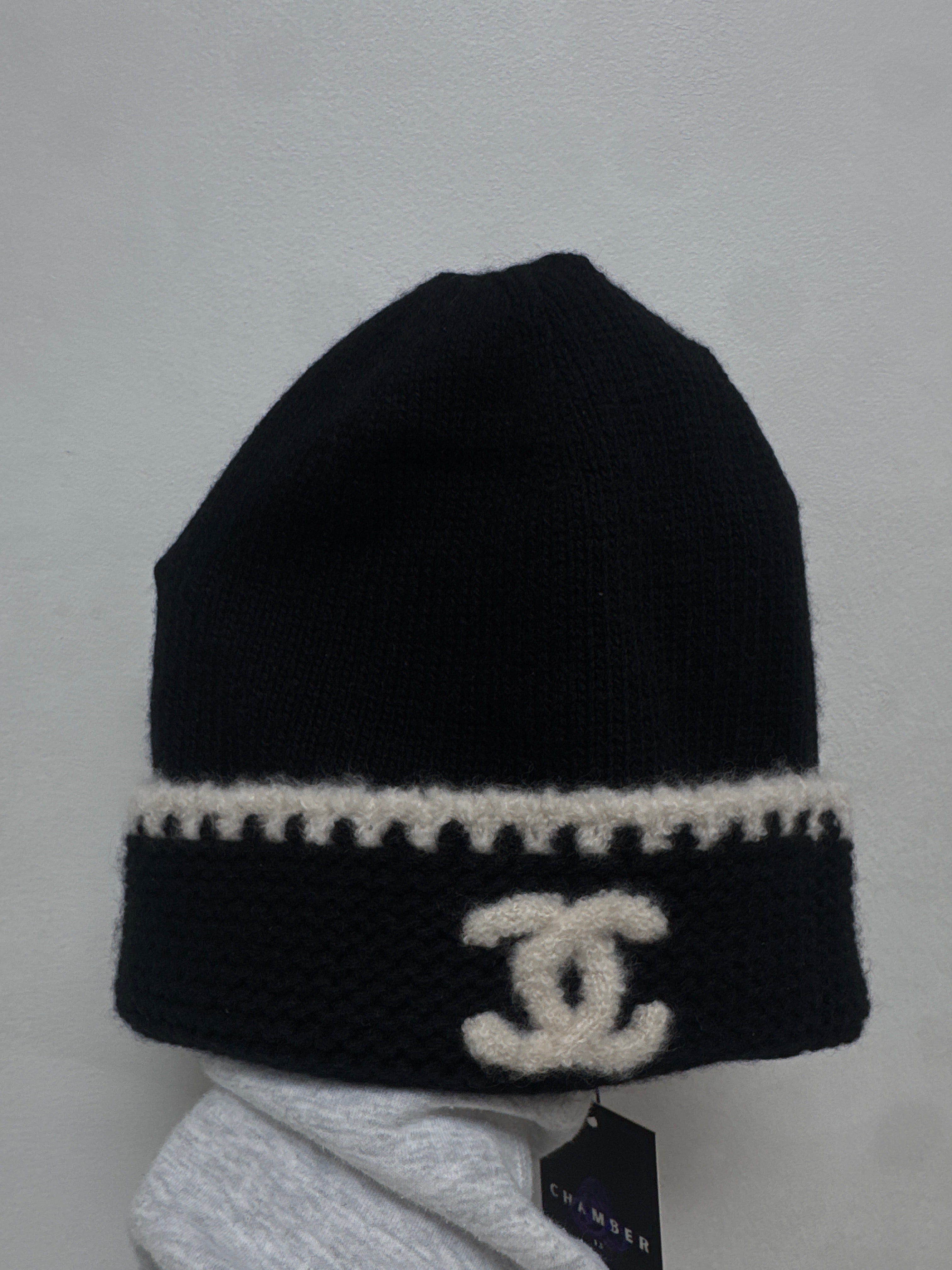 Chanel Black White Cashmere CC Logo Beanie
