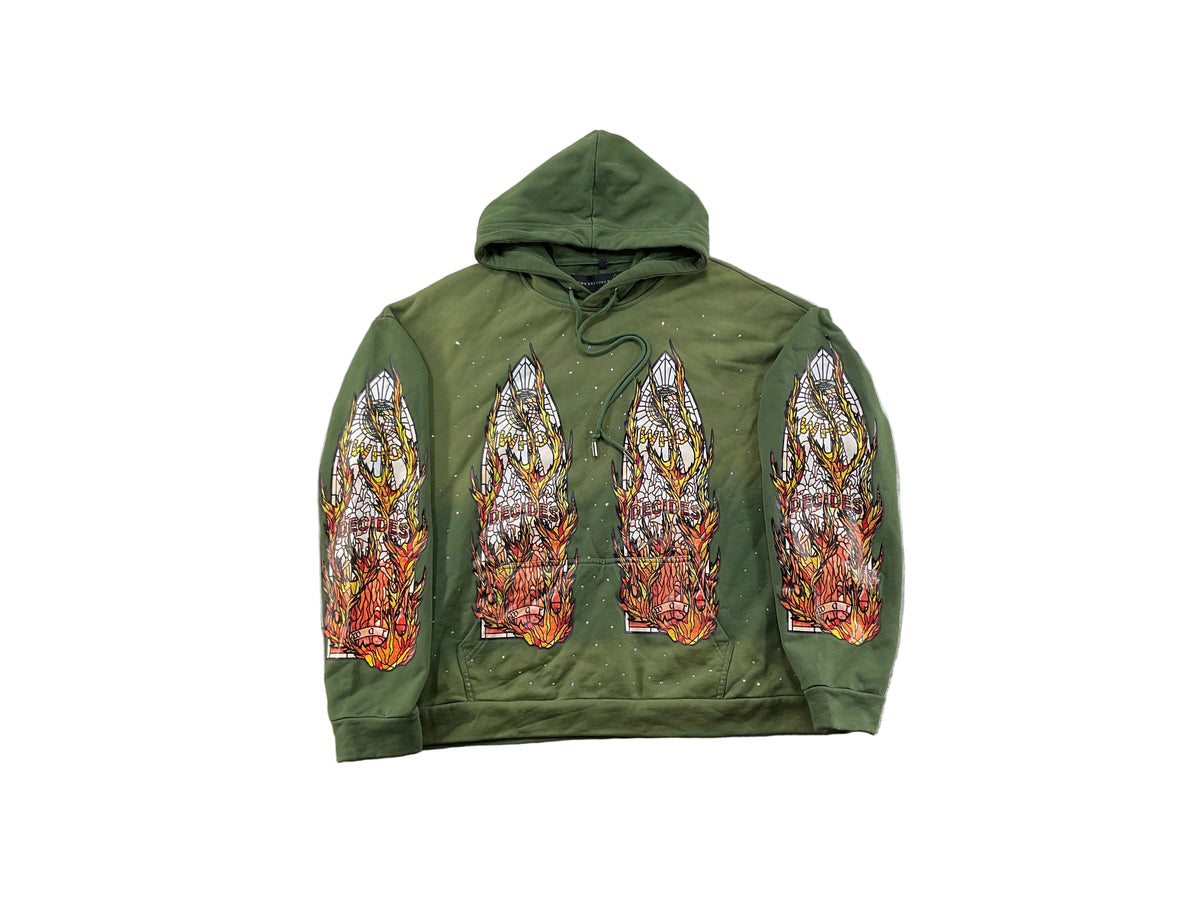 Who Decides War Green Flames Glass Hoodie