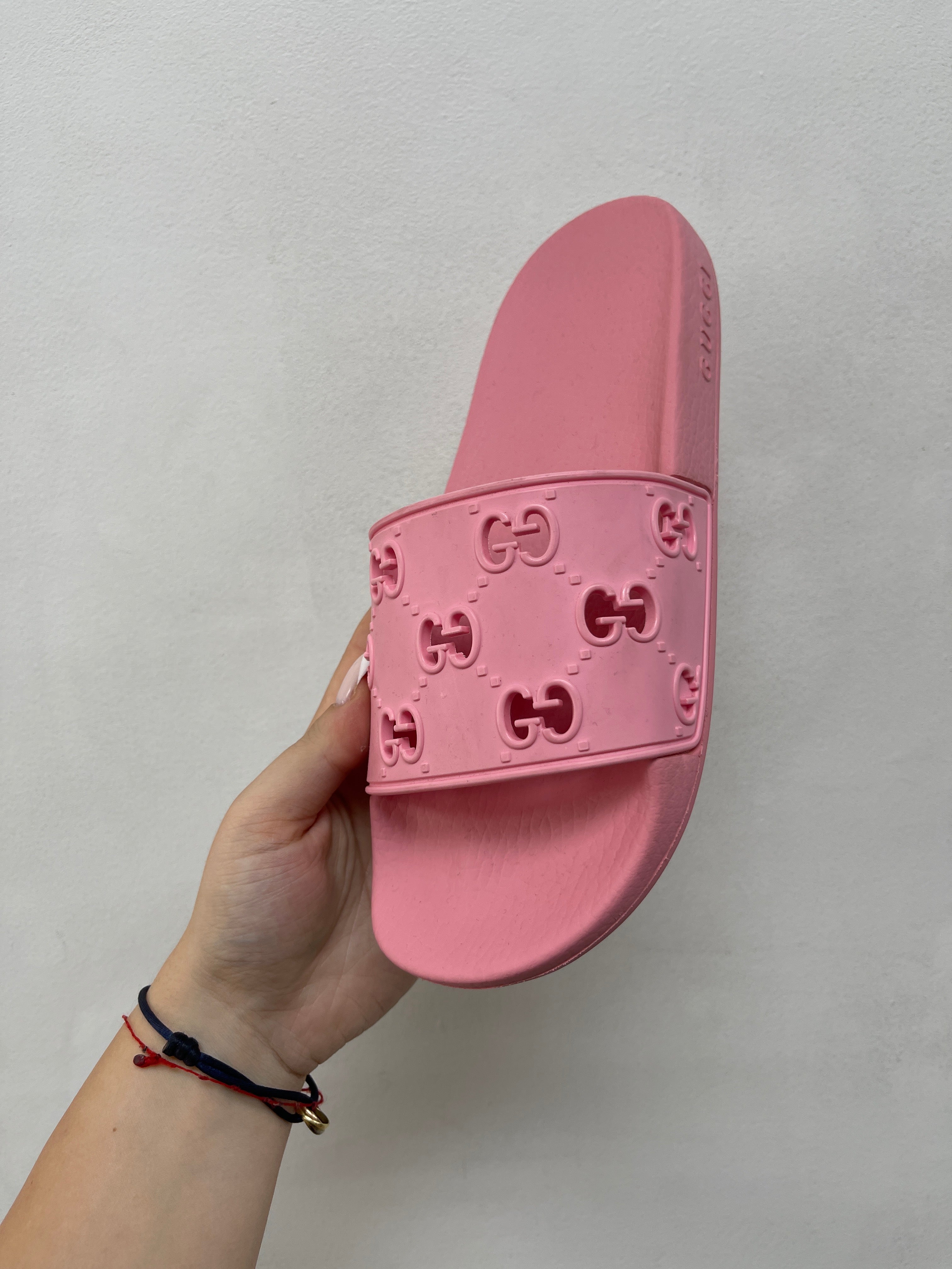Gucci Pink Monogram Rubber Slides