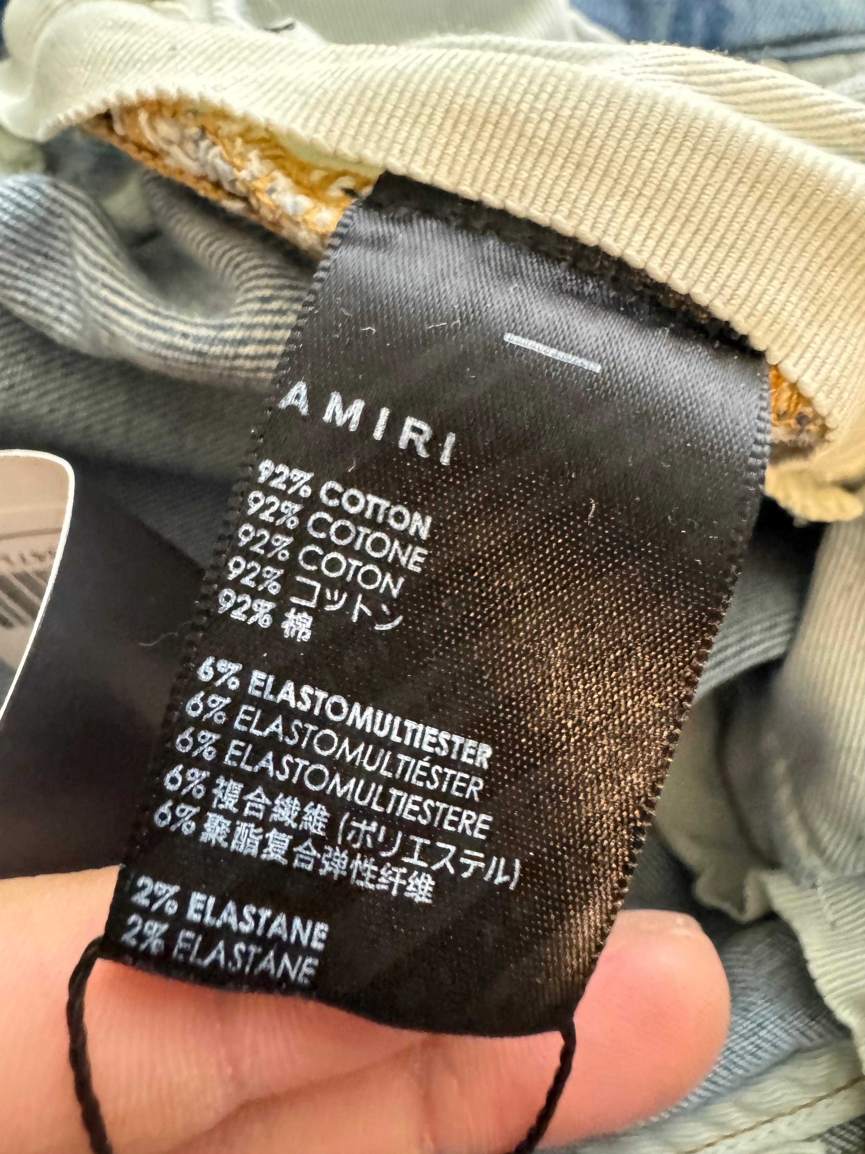 Amiri MX1 Green Plaid Patch Light Wash Blue Jeans