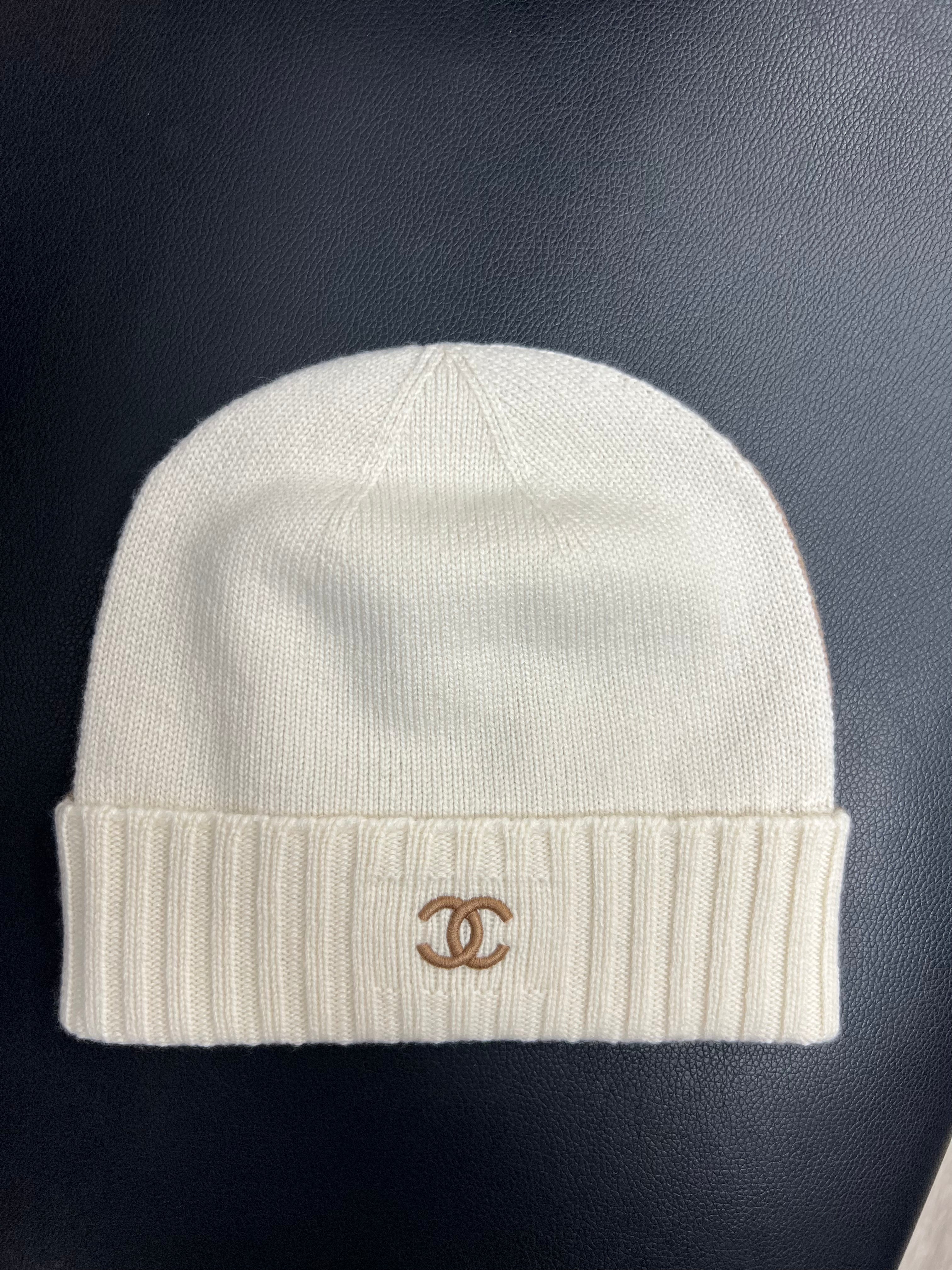 Chanel Tan Cream Knit CC Inverse Logo Beanie